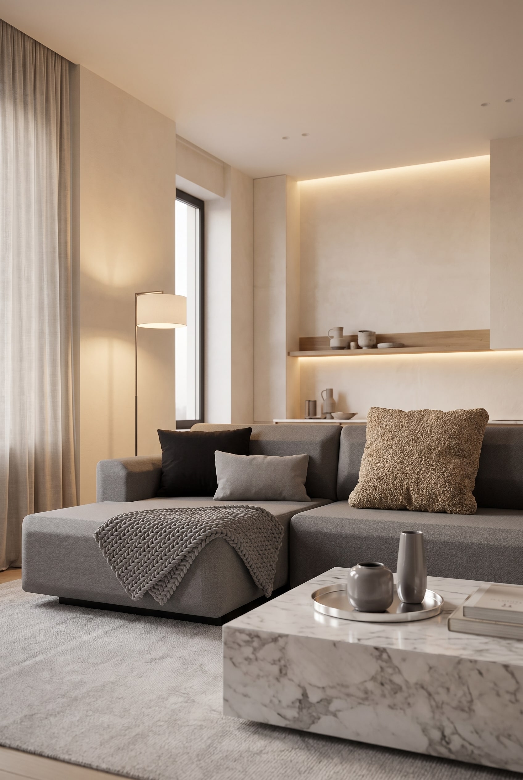 Minimalistisches Schlafsofa Prostoria Fade mit einem grob gewebten Boucl&eacute;-Kissen als haptischem Kontrast.