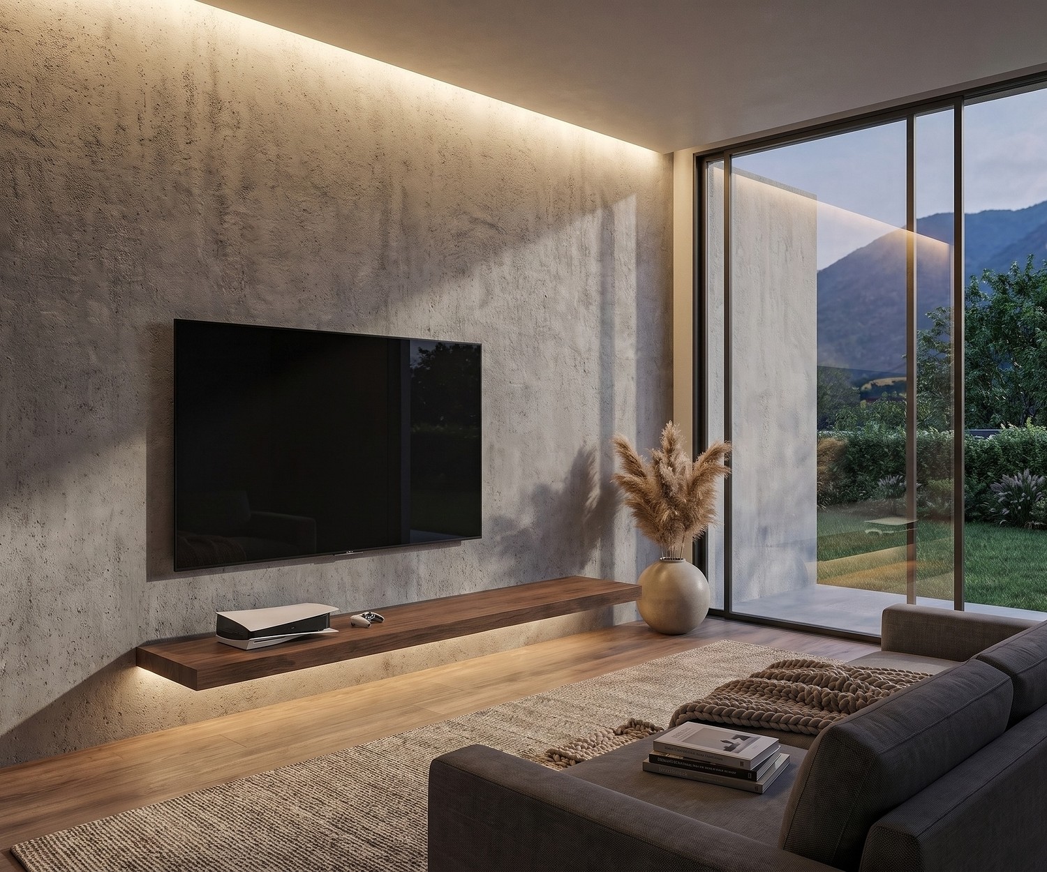Étagère murale TV en bois Livitalia Étagère murale TV Livitalia en bois dans un salon minimaliste sous un téléviseur fixé au mur en béton.