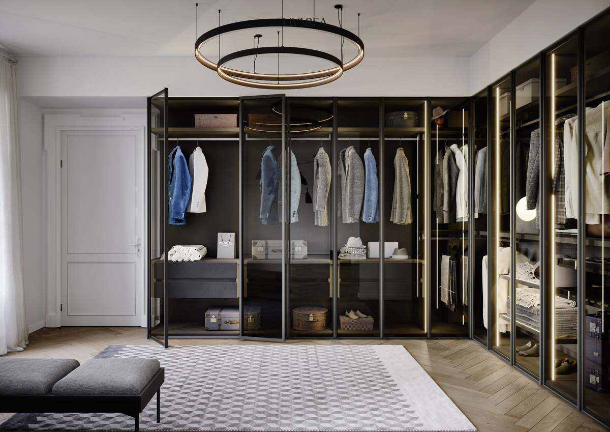Dressing ouvert sur l'angle avec portes vitrées éclairage latéral par leds double tiroirs porte-pantalons cadre métallique laqué Dressing ouvert sur l'angle avec portes vitrées éclairage latéral par leds double tiroirs porte-pantalons cadre métallique laqué
