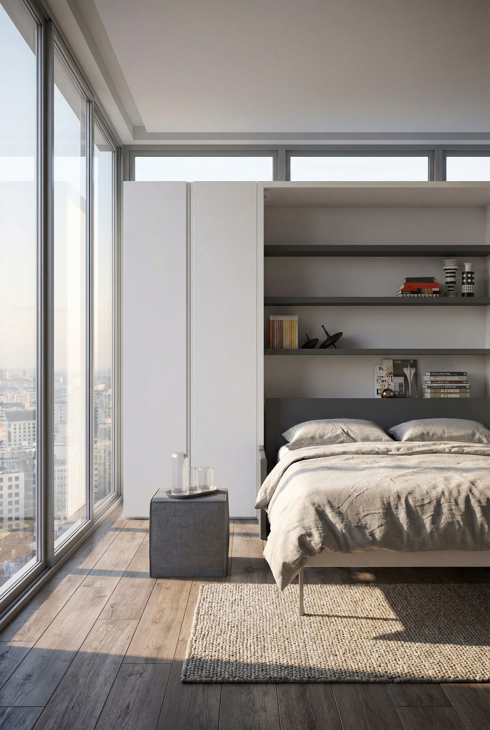 Lit escamotable compact parfaitement int&eacute;gr&eacute; dans une niche &eacute;troite d'une pi&egrave;ce moderne