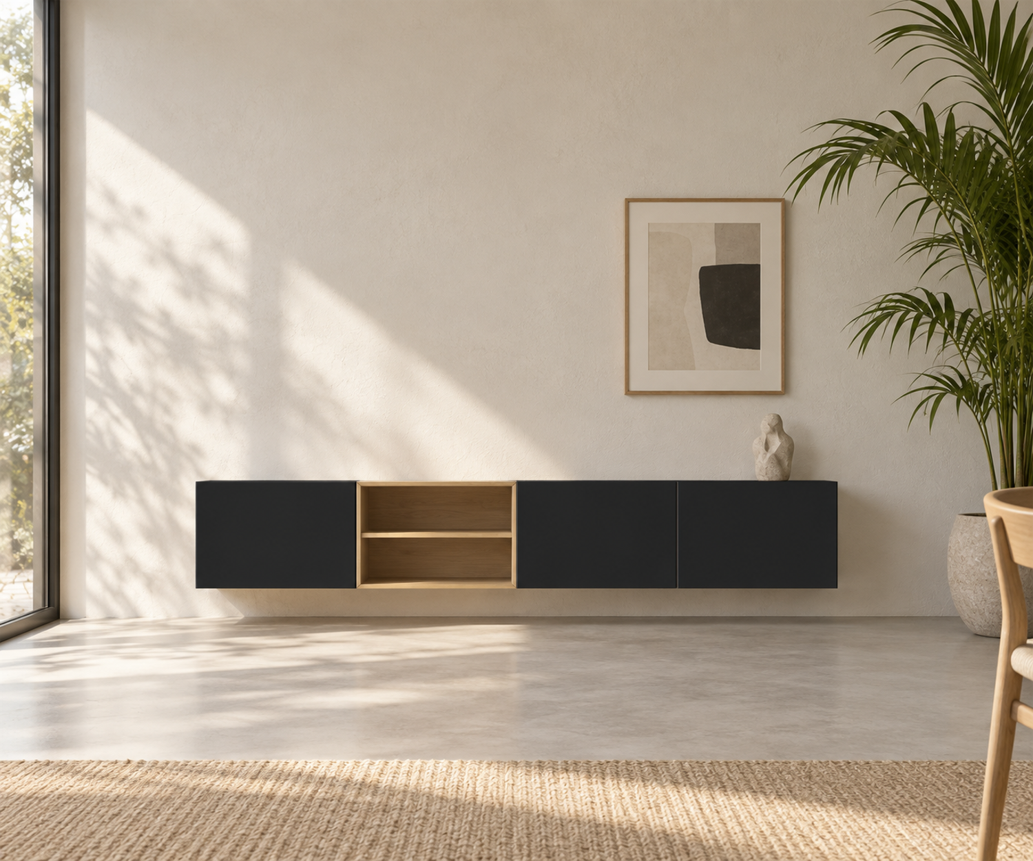 Livitalia Box 18 Buffet suspendu 240 cm – Noir mat + Chêne clair Livitalia Box 18 Buffet suspendu 240 cm – Noir mat + Chêne clair