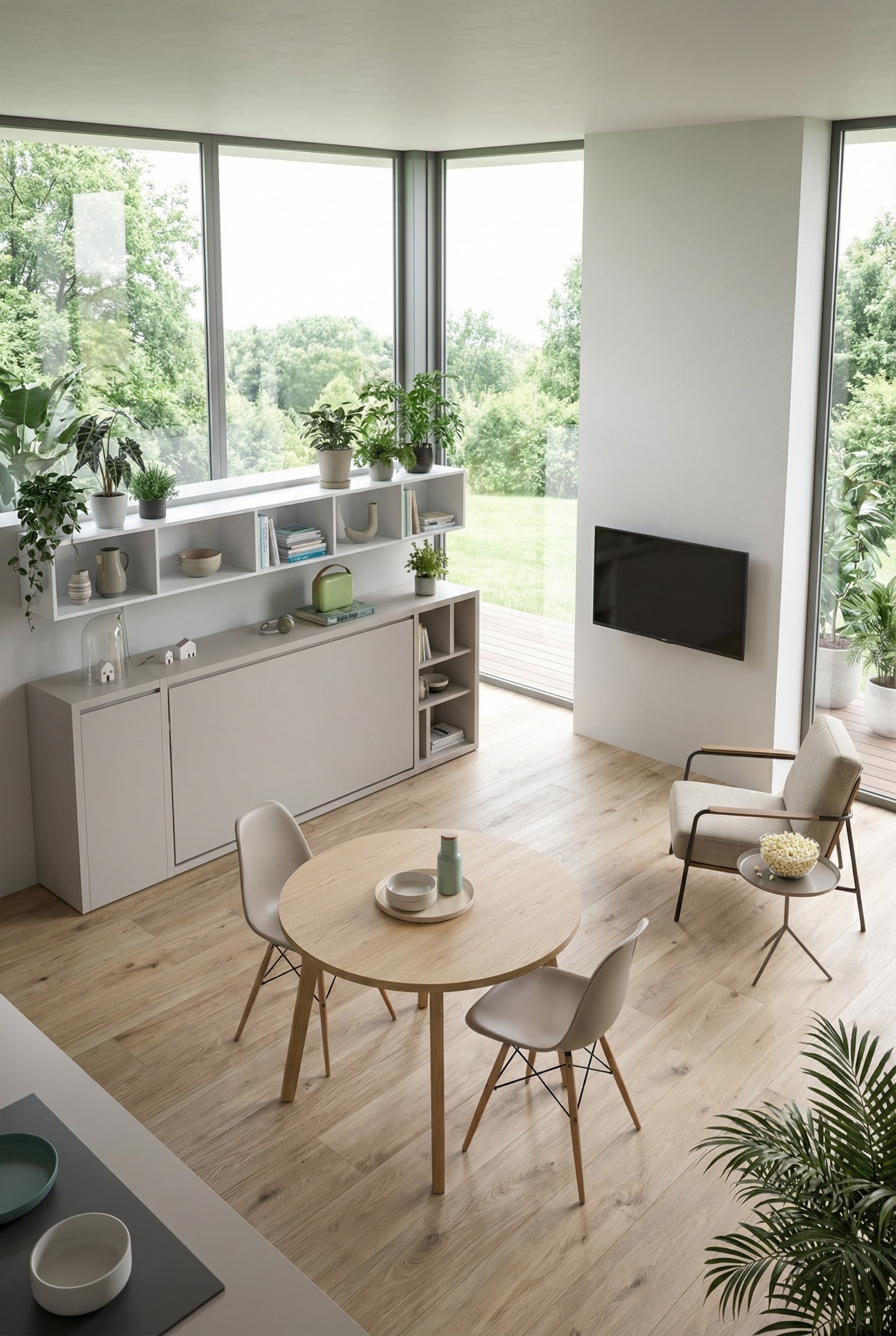 Lit escamotable &agrave; ouverture horizontale dans un studio am&eacute;nag&eacute; de mani&egrave;re minimaliste