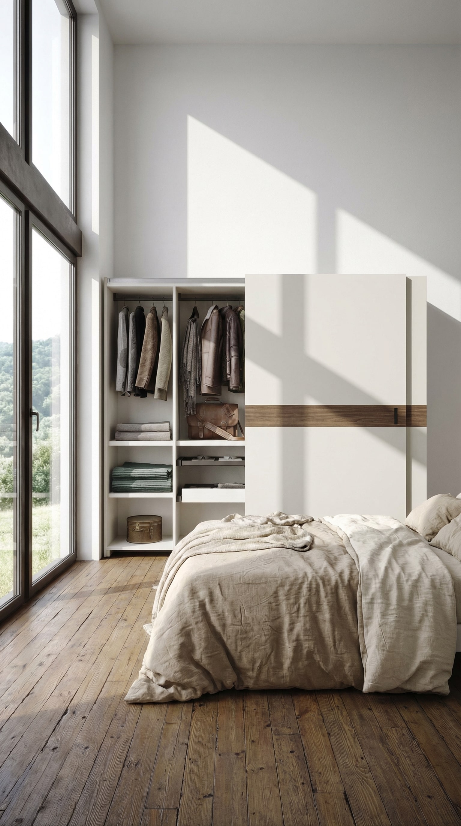 Une armoire &agrave; portes coulissantes affleurantes dans une chambre &agrave; coucher, jouxtant le lit.
