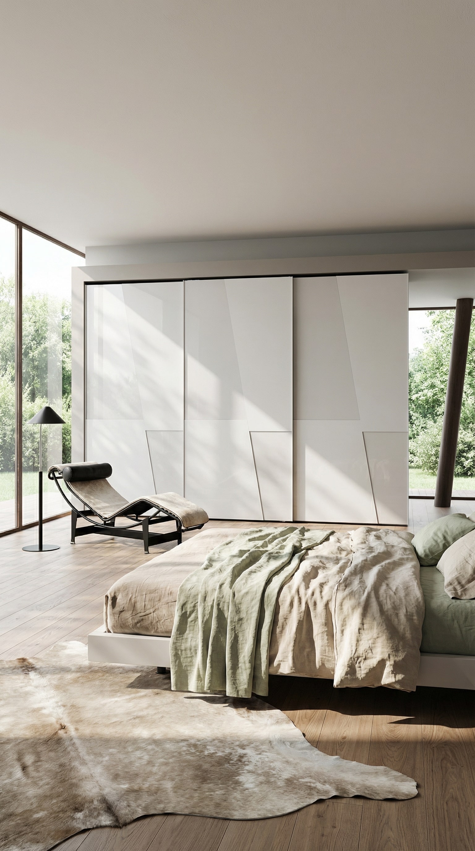 Chambre moderne au printemps avec l'armoire Livitalia Diagonal &agrave; portes coulissantes, dont les lignes diagonales all&egrave;gent le design.