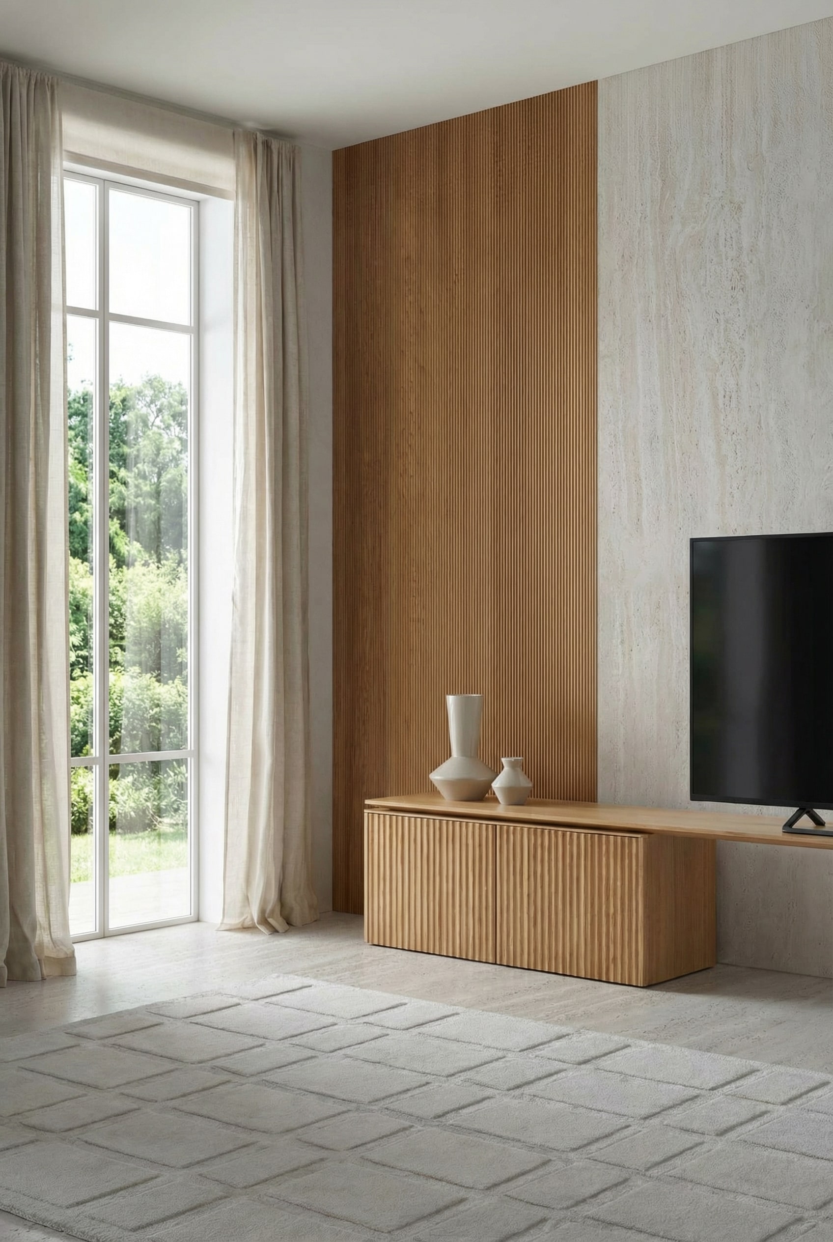 Meuble TV élégant en bois avec façades à rainures verticales dans un salon lumineux et moderne Meuble TV élégant en bois avec façades à rainures verticales dans un salon lumineux et moderne