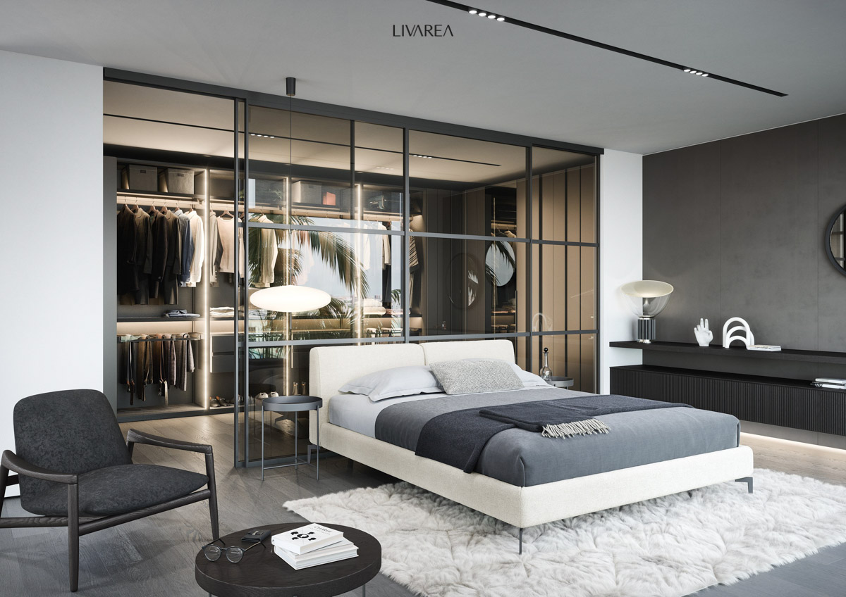 Armoire de chambre à coucher exclusive avec portes coulissantes transparentes séparées en beige laqué avec éclairage led porte-pantalons tiroirs Armoire de chambre à coucher exclusive avec portes coulissantes transparentes séparées en beige laqué avec éclairage led porte-pantalons tiroirs