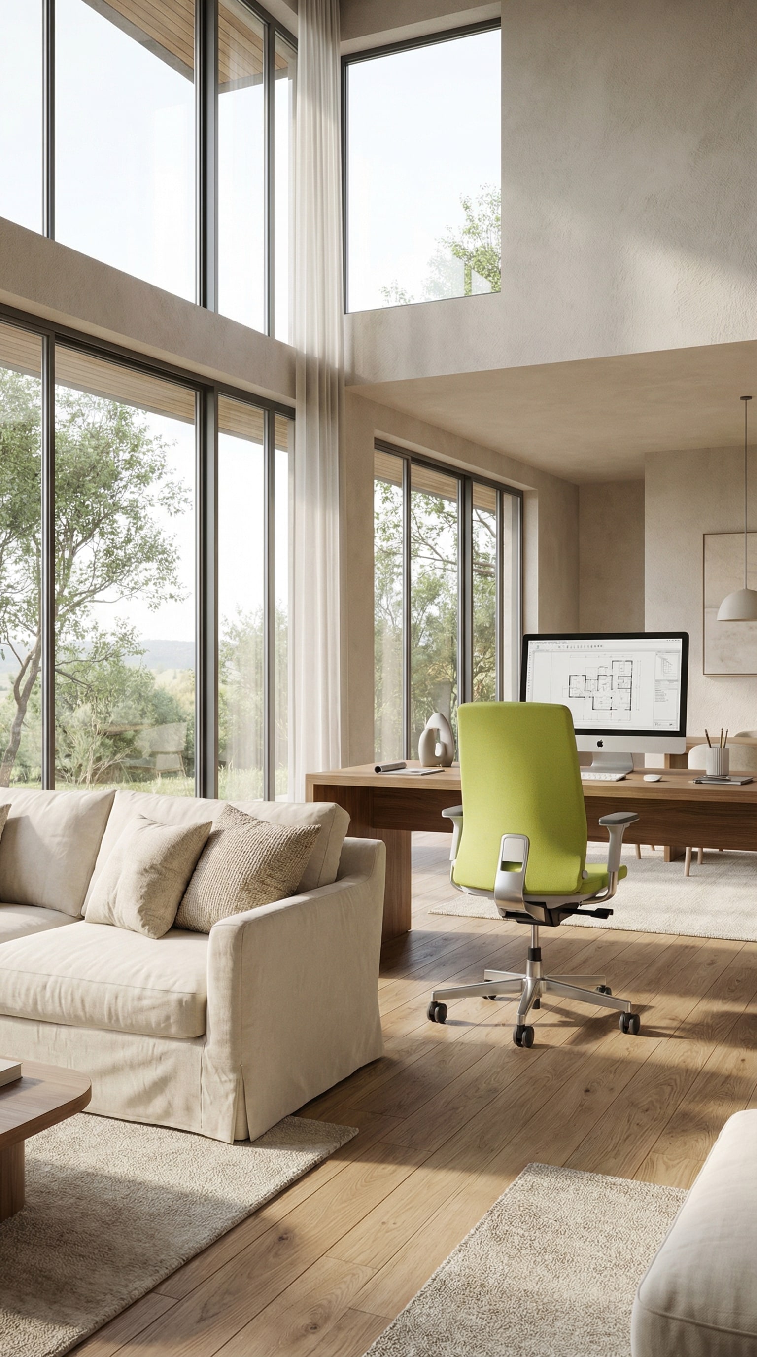 Le fauteuil de bureau ergonomique ICF Pyla avec un fin tissu maillé sur un bureau moderne dans un espace de vie lumineux Le fauteuil de bureau ergonomique ICF Pyla avec un fin tissu maillé sur un bureau moderne dans un espace de vie lumineux