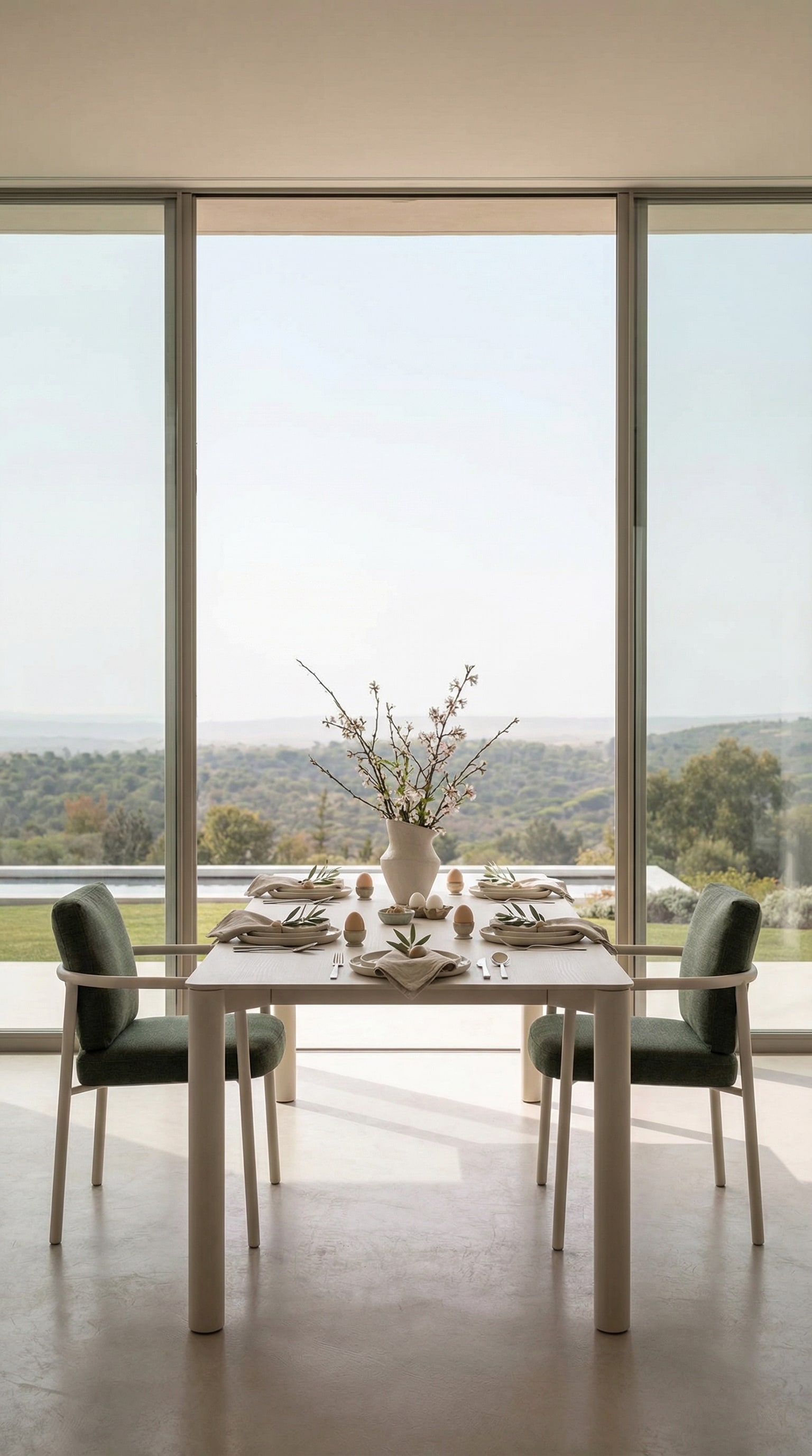 Table &agrave; manger d'ext&eacute;rieur classique et minimaliste dans un am&eacute;nagement de terrasse sym&eacute;trique