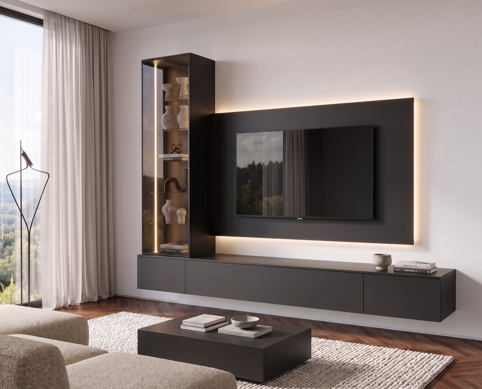 Livitalia Wohnwand C109 in Schwarz im Wohnzimmer
