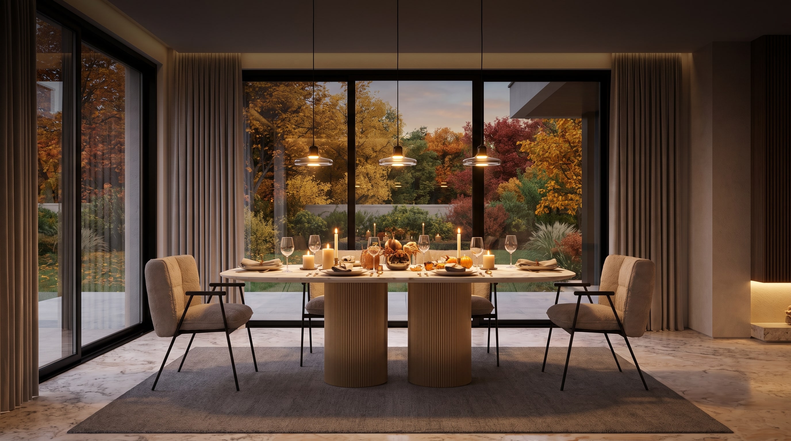 Tables design salle à manger : l'effet sculptural en lumière d'automne