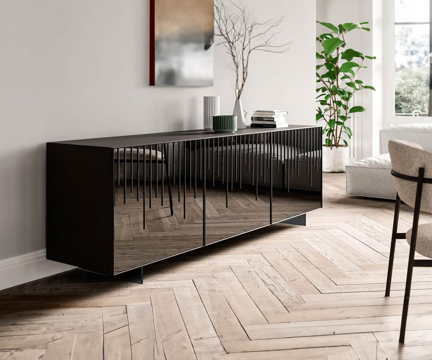 TV Lowboard avec pieds métalliques bois carbone chêne noir TV Lowboard avec pieds métalliques bois carbone chêne noir