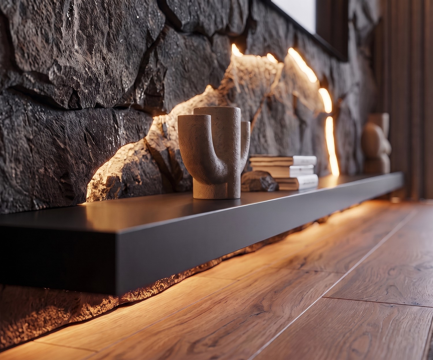 Étagère TV murale Livitalia dans un salon, fixée sur un mur en pierre naturelle avec rétroéclairage LED chaleureux.