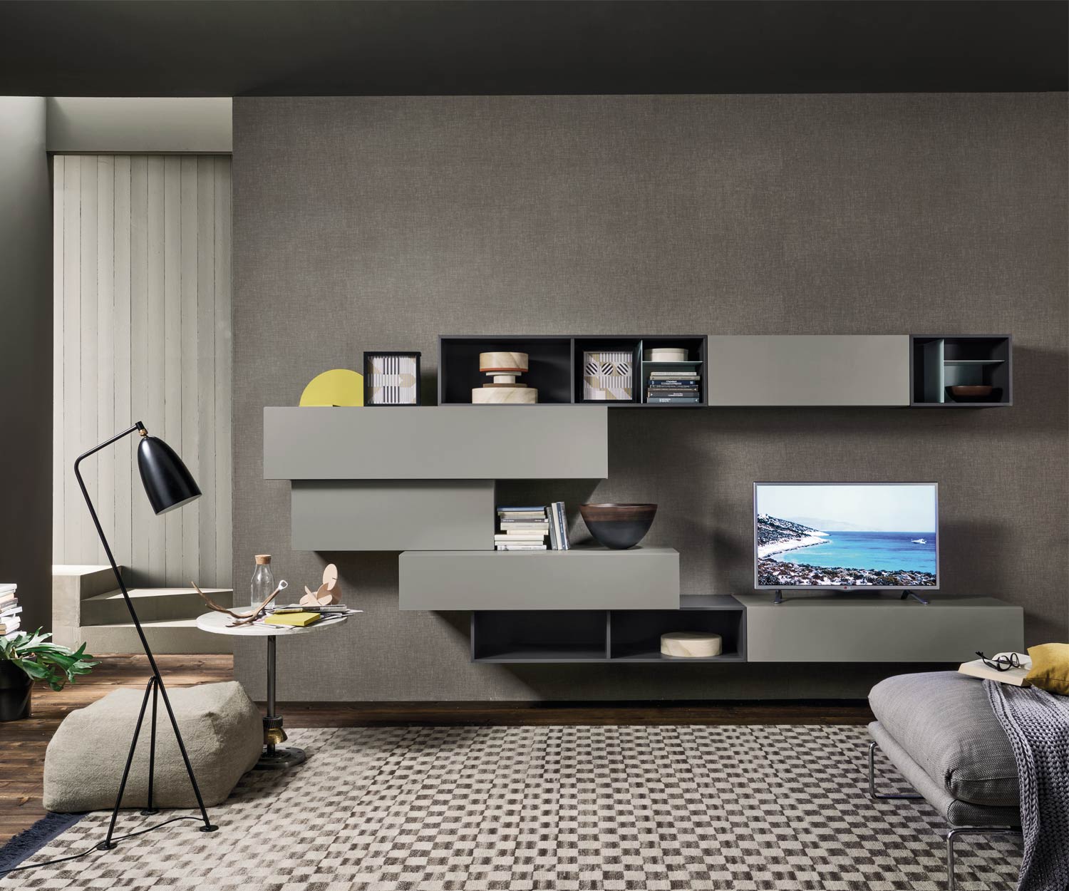 Flottant Livitalia Meuble-paroi design C02 avec armoires suspendues en gris Flottant Livitalia Meuble-paroi design C02 avec armoires suspendues en gris