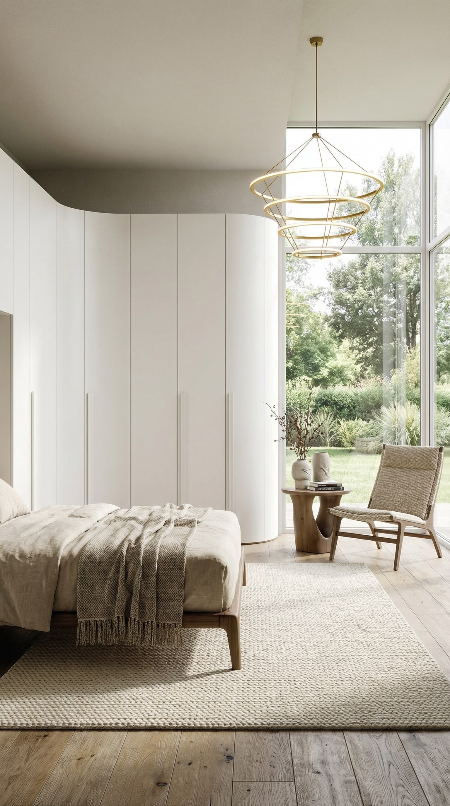 Une armoire moderne avec un module d'angle arrondi qui adoucit la transition vers la porte de la chambre. Une armoire moderne avec un module d'angle arrondi qui adoucit la transition vers la porte de la chambre.