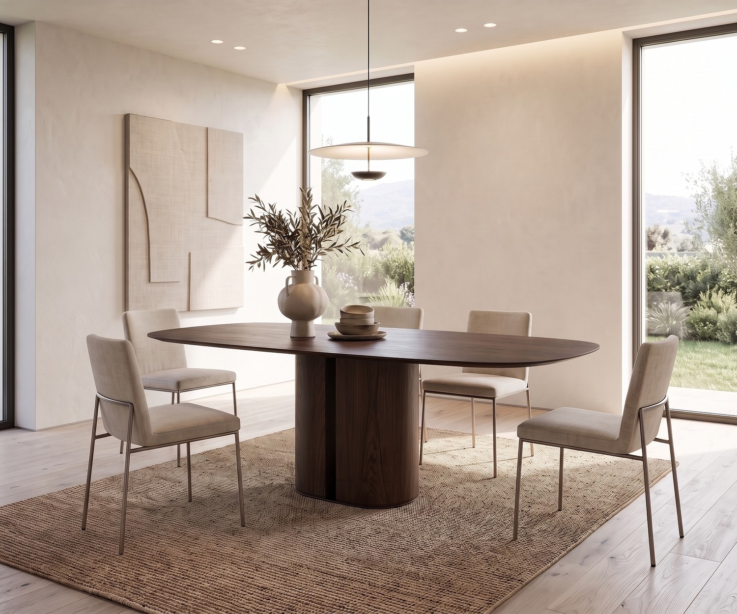 Table à manger ovale en bois al2 el-it c 001 Table de repas al2 el-it c 001 en bois foncé dans une salle à manger minimaliste avec des chaises beiges.
