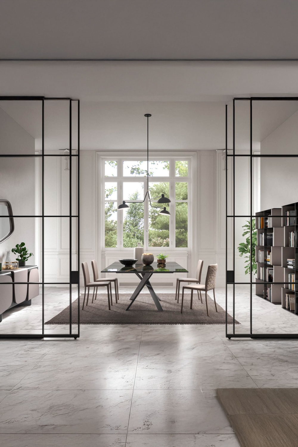 salle à manger spacieuse avec table à manger extensible entre un buffet et une étagère murale