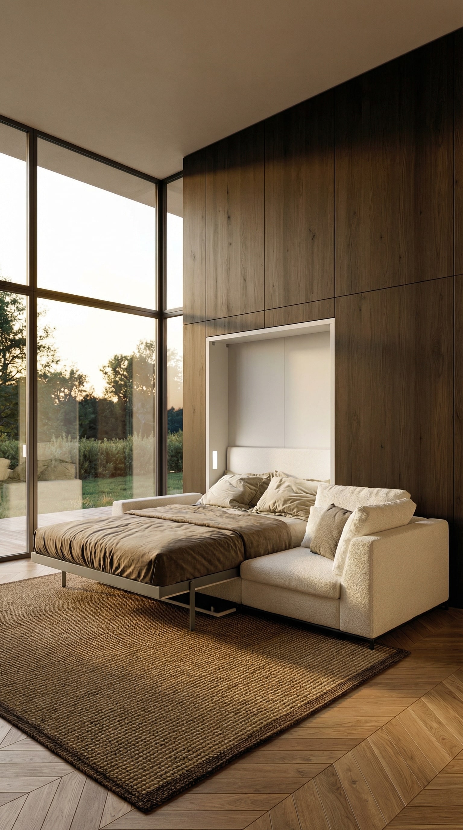 Un salon lounge luxueux avec un canapé confortable, derrière lequel se cache le lit escamotable Clei Tonale. Un salon lounge luxueux avec un canapé confortable, derrière lequel se cache le lit escamotable Clei Tonale.
