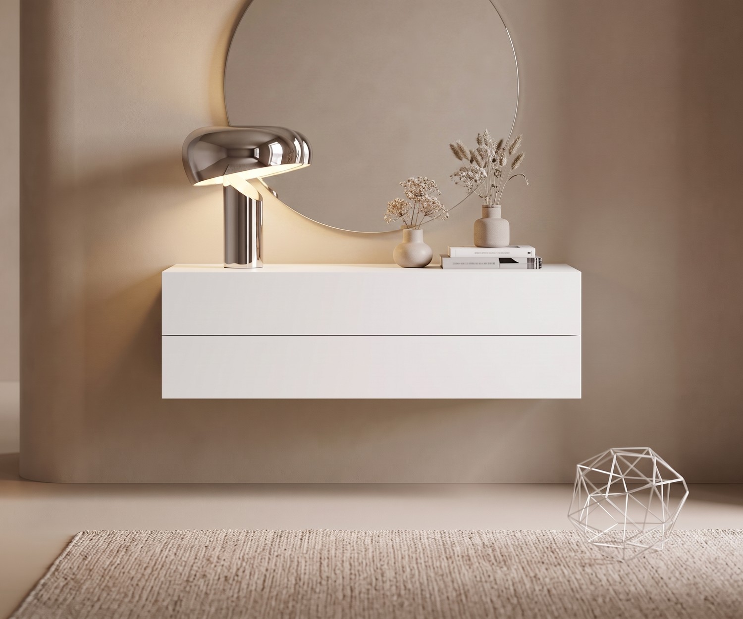 Commode suspendue blanche Novamobili Easy Commode suspendue Easy par Novamobili. Console blanche murale à 2 tiroirs pour un couloir ou une entrée minimaliste.