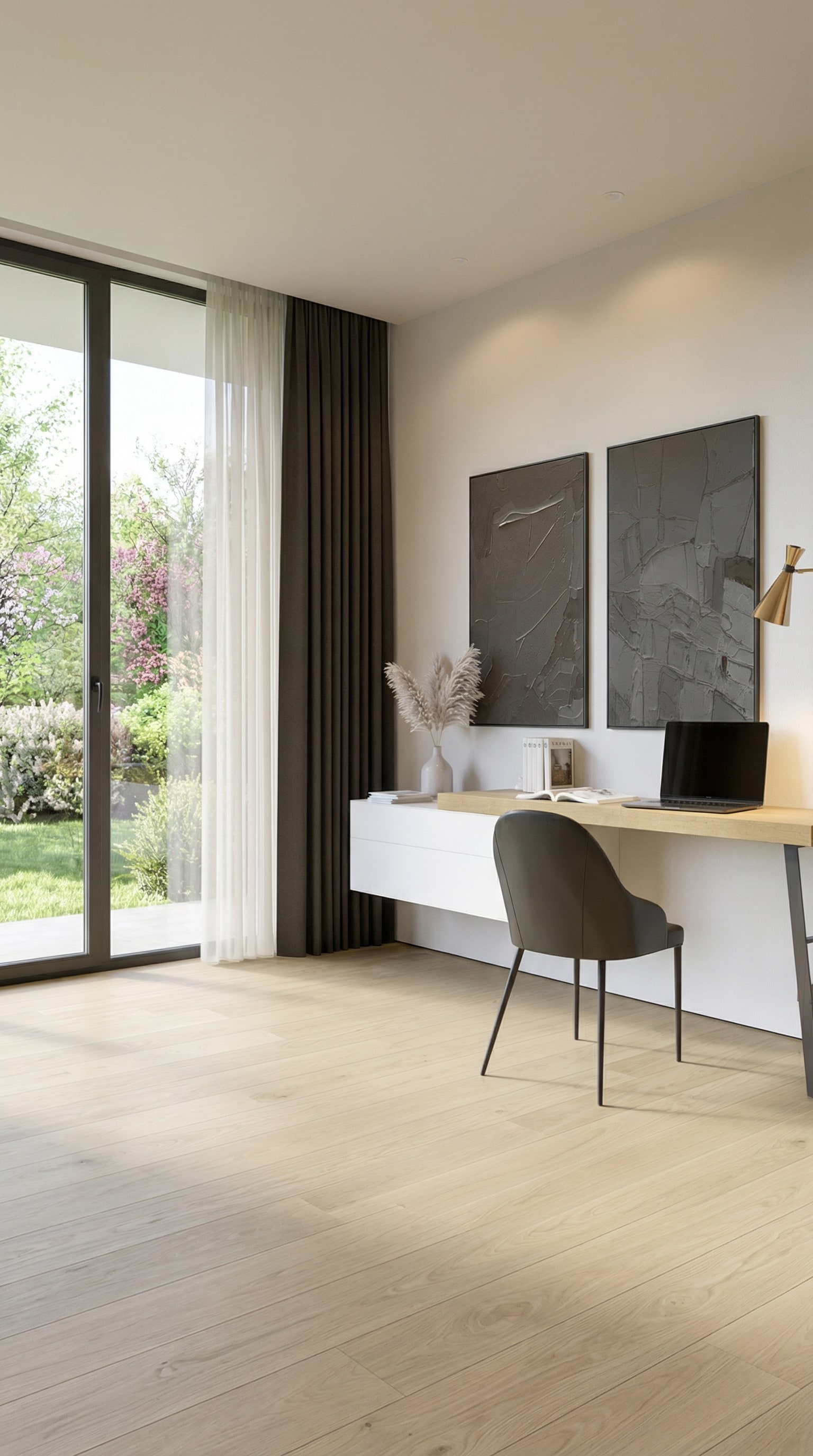 Commode murale blanche suspendue avec un plateau en bois dans une pi&egrave;ce lumineuse