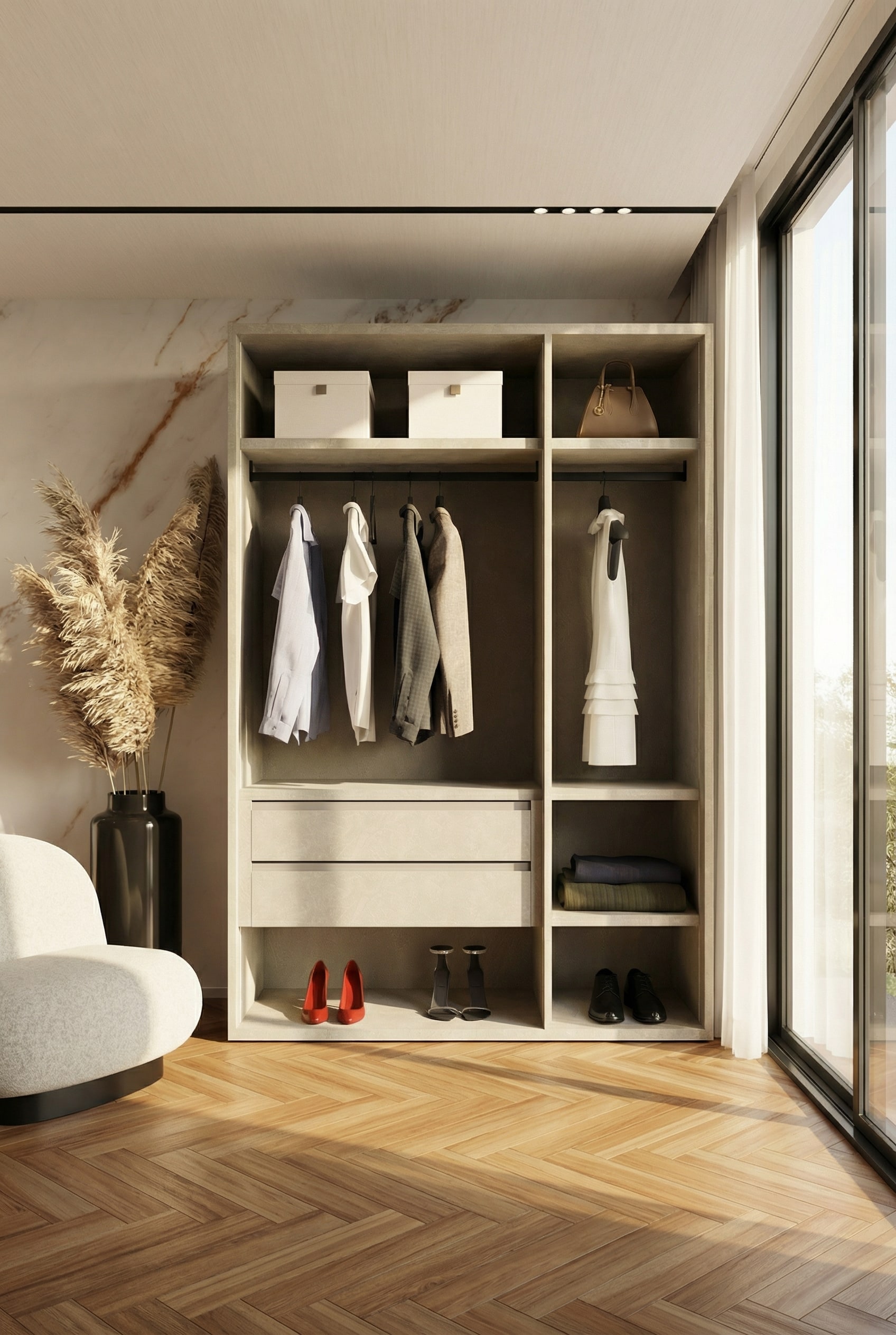 Système d'armoire ouverte dans une chambre moderne sans portes Système d'armoire ouverte dans une chambre moderne sans portes