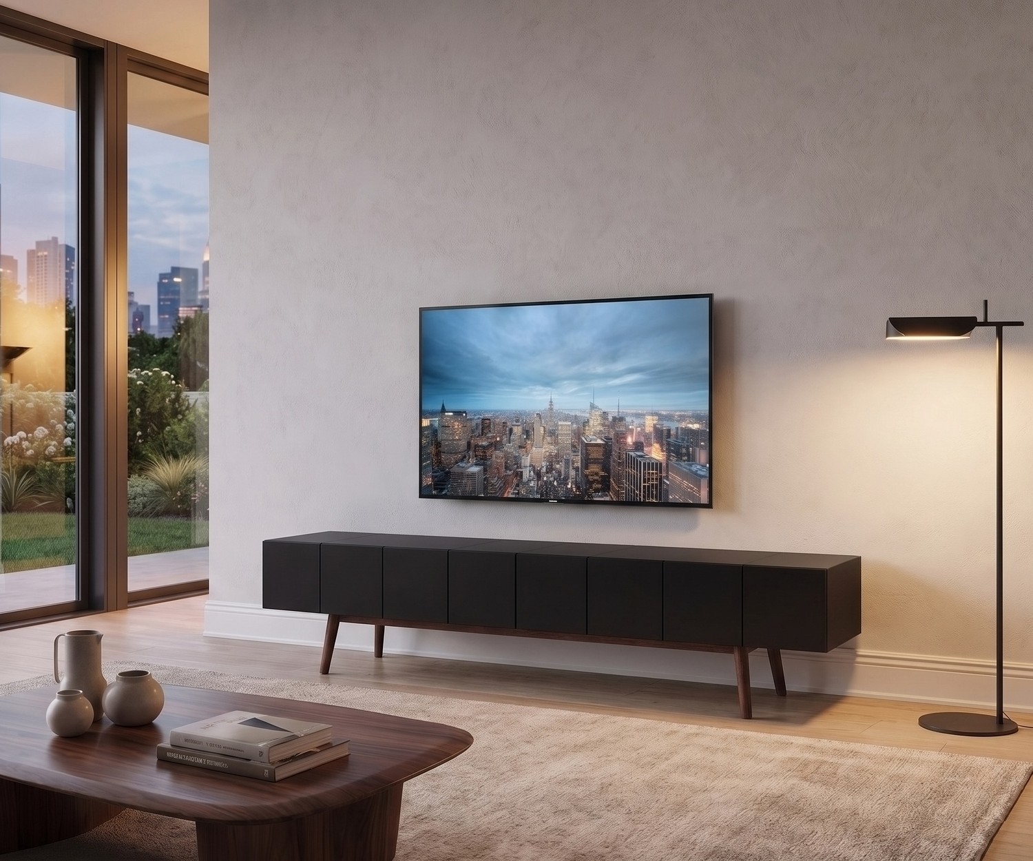 Meuble TV bas al2 MOS-I-KO 005 B noir Meuble TV bas al2 MOS-I-KO 005 B dans un salon moderne. Buffet noir mat avec des pieds élégants en bois sous une télé.