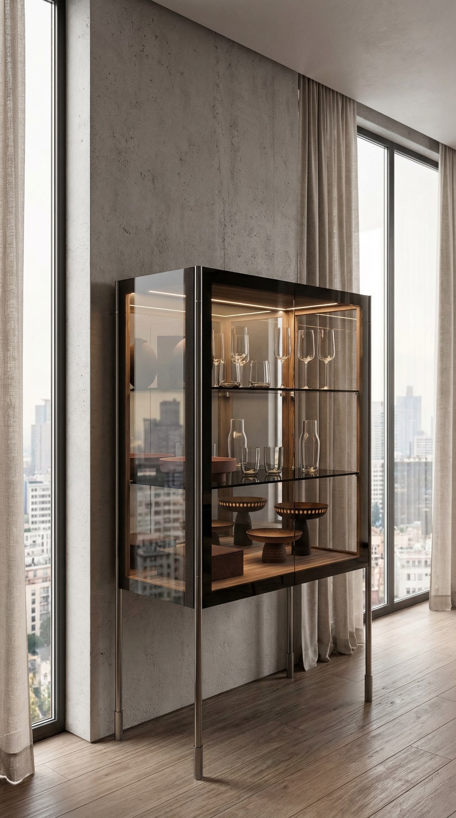 Vitrine en verre Capo d&acute;Opera Spin Highboard avec des objets d'art s&eacute;lectionn&eacute;s &agrave; l'int&eacute;rieur.