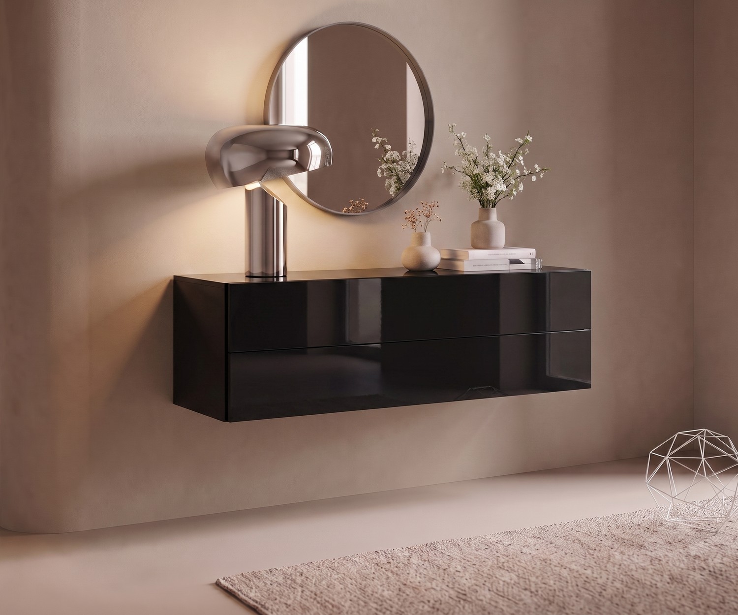 Commode suspendue Easy par Novamobili pour l'entrée en noir brillant, au design minimaliste et contemporain.