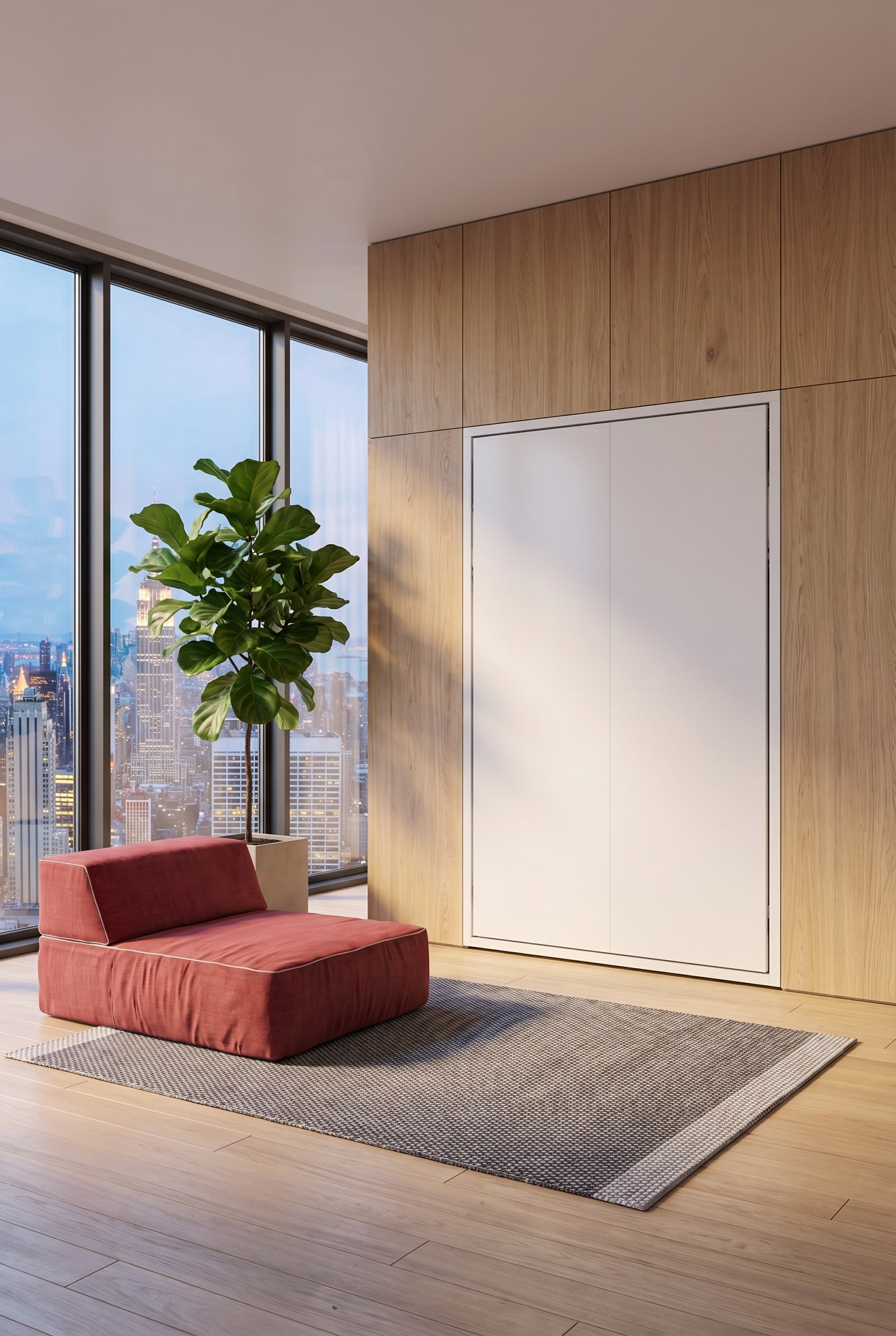 Espace minimaliste avec un lit armoire entièrement intégré et affleurant, qui ressemble à un luxueux revêtement mural. Espace minimaliste avec un lit armoire entièrement intégré et affleurant, qui ressemble à un luxueux revêtement mural.