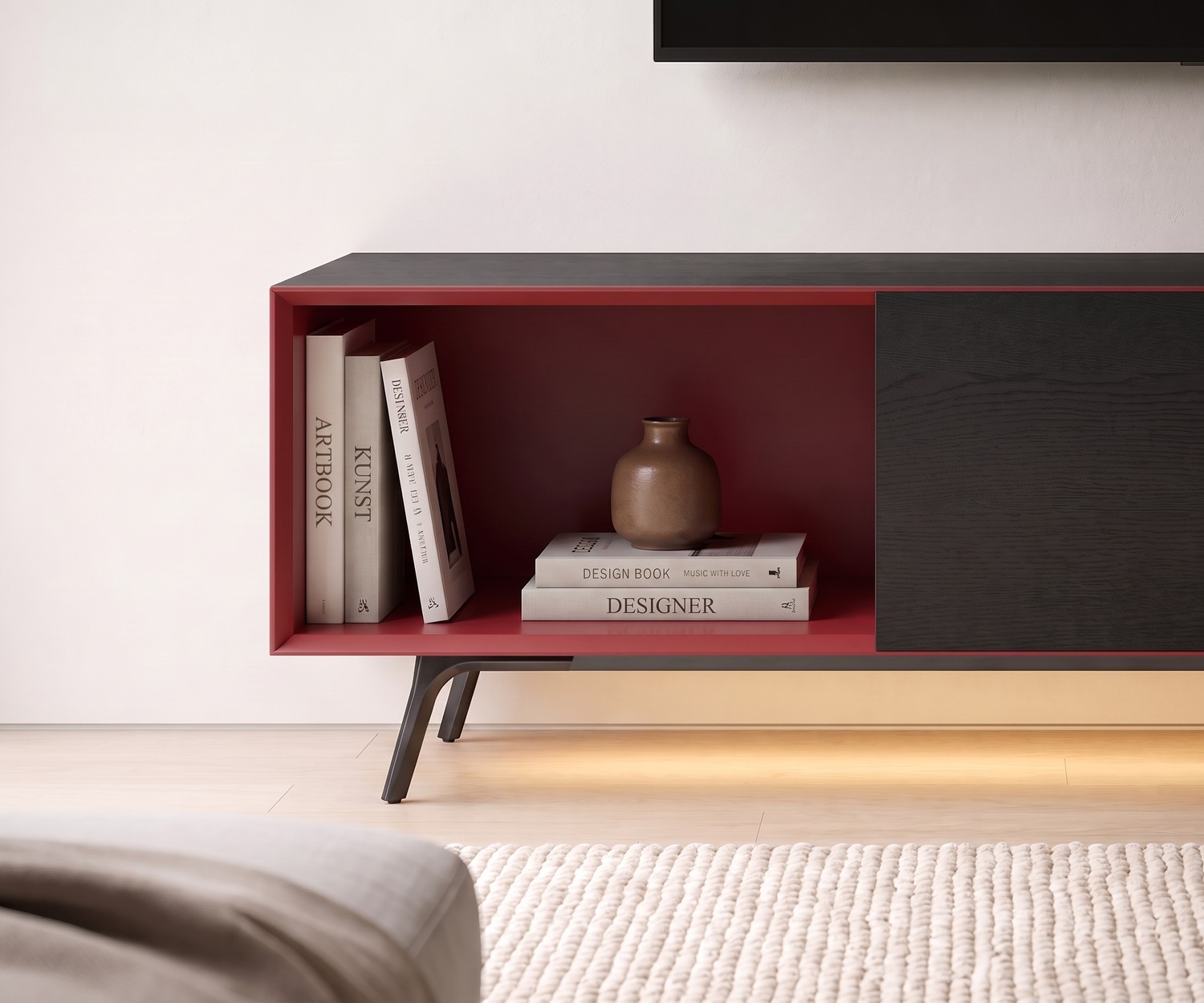 Meuble TV Lowboard Livitalia Minimal Meuble TV lowboard Livitalia Minimal avec niche ouverte rouge et chêne foncé pour le salon.