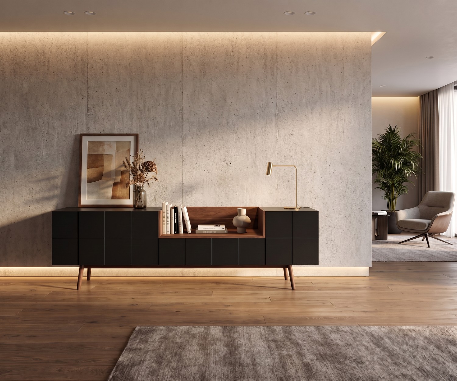 Buffet design rétro al2 MOS-I-KO avec niche en bois Buffet design al2 MOS-I-KO 003 A de salon en laque mate et bois, offrant un rangement élégant au style rétro moderne.