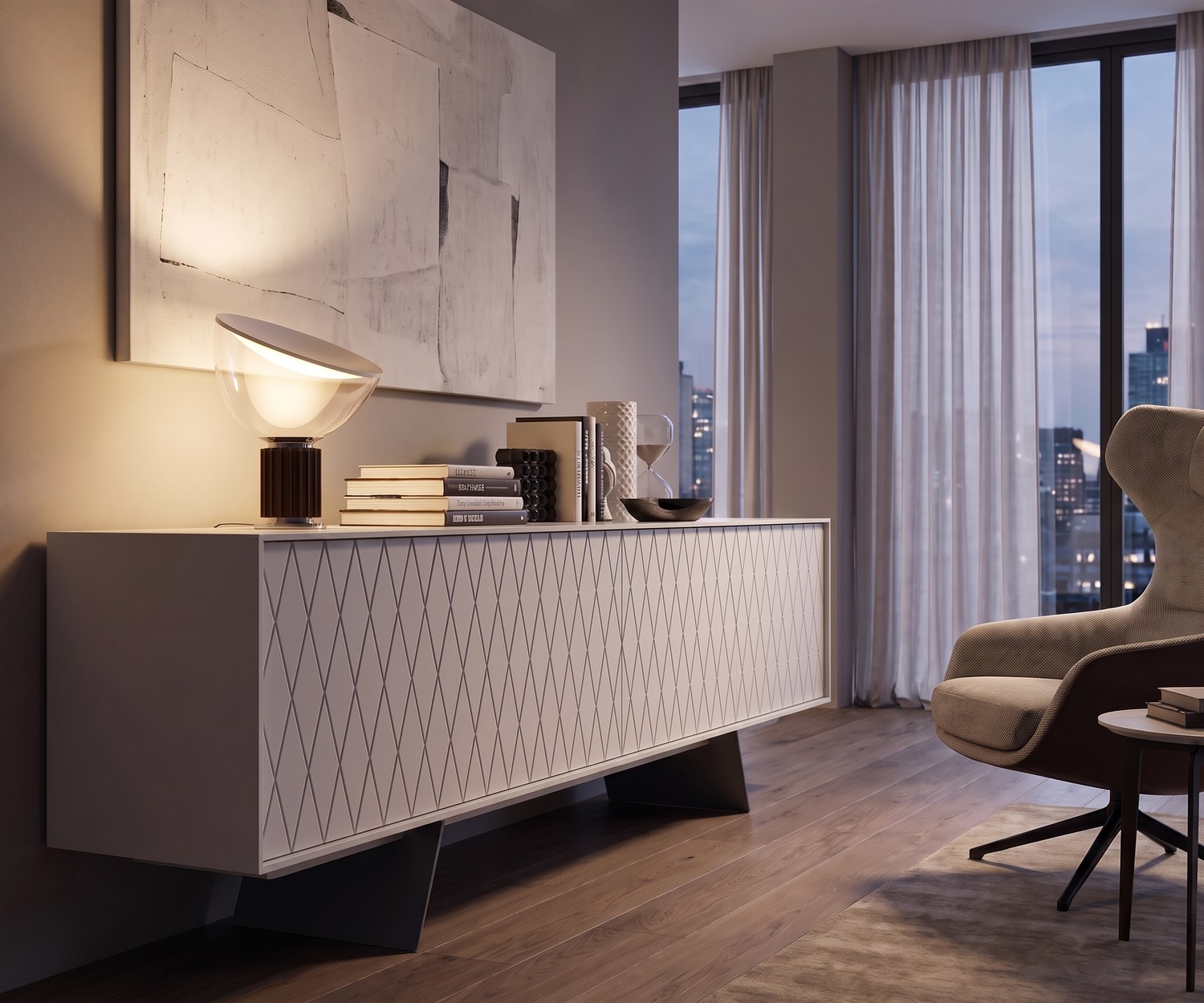 Buffet design al2 e-klipse 003 blanc avec motif en losanges dans un salon chic, meuble de rangement élégant