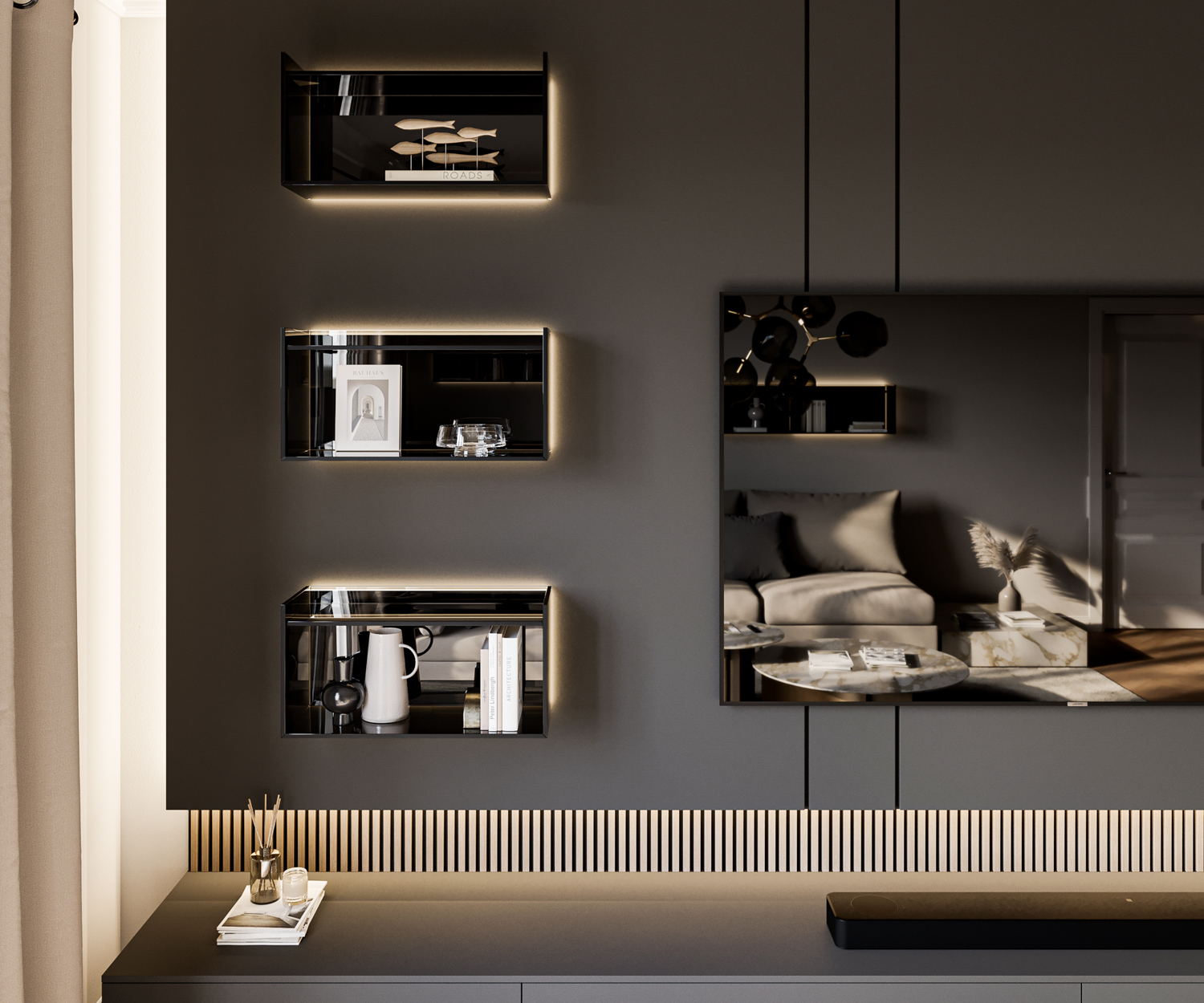 Etagère en verre éclairée de Livitalia avec trois compartiments superposés Lowboard design avec TV Etagère en verre éclairée de Livitalia avec trois compartiments superposés Lowboard design avec TV