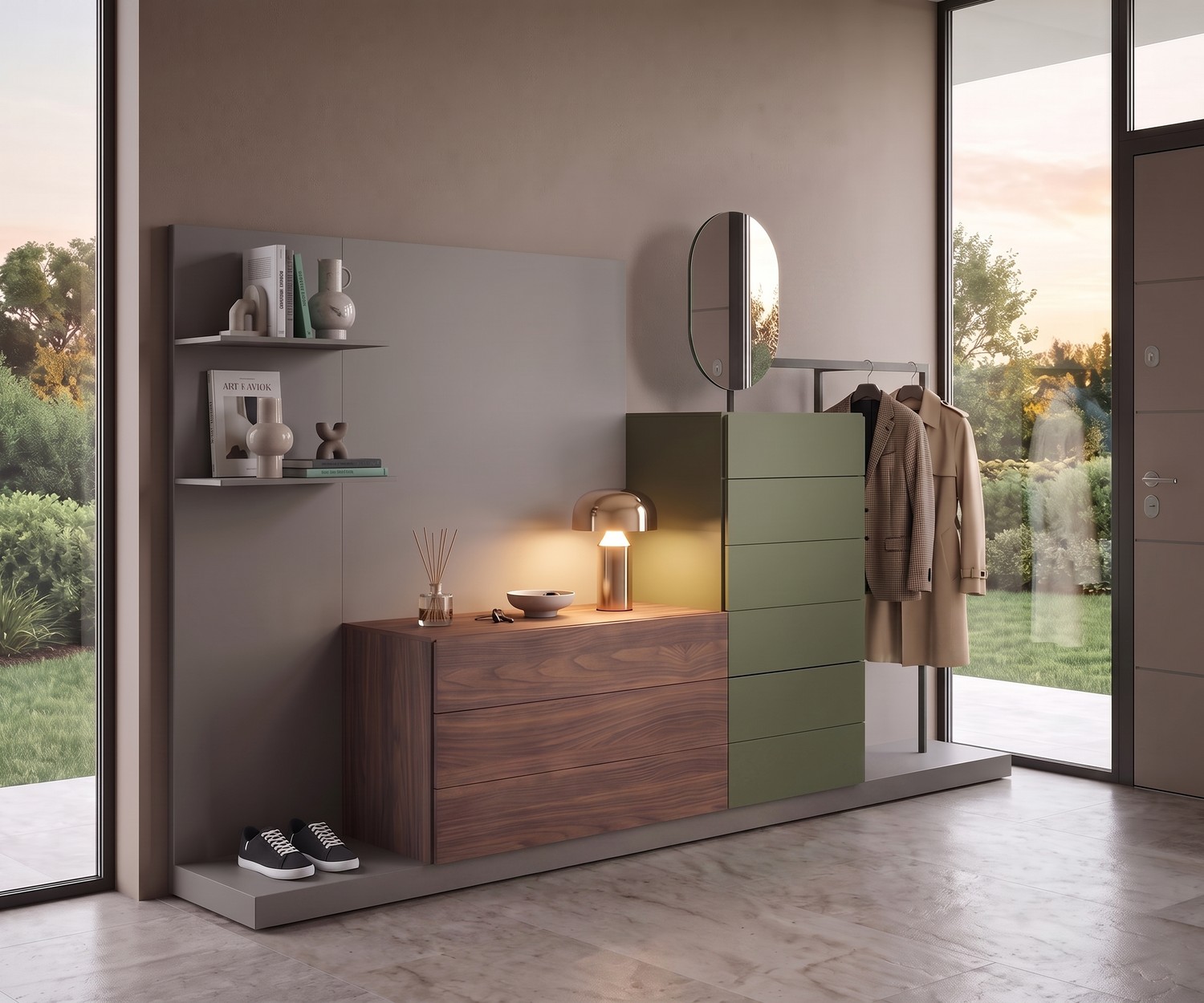 Vestiaire d'entrée et commode Novamobili Easy 9 Vestiaire d'entrée Novamobili Easy 9 avec commode en noyer et vert, meuble de rangement modulaire moderne et minimaliste.