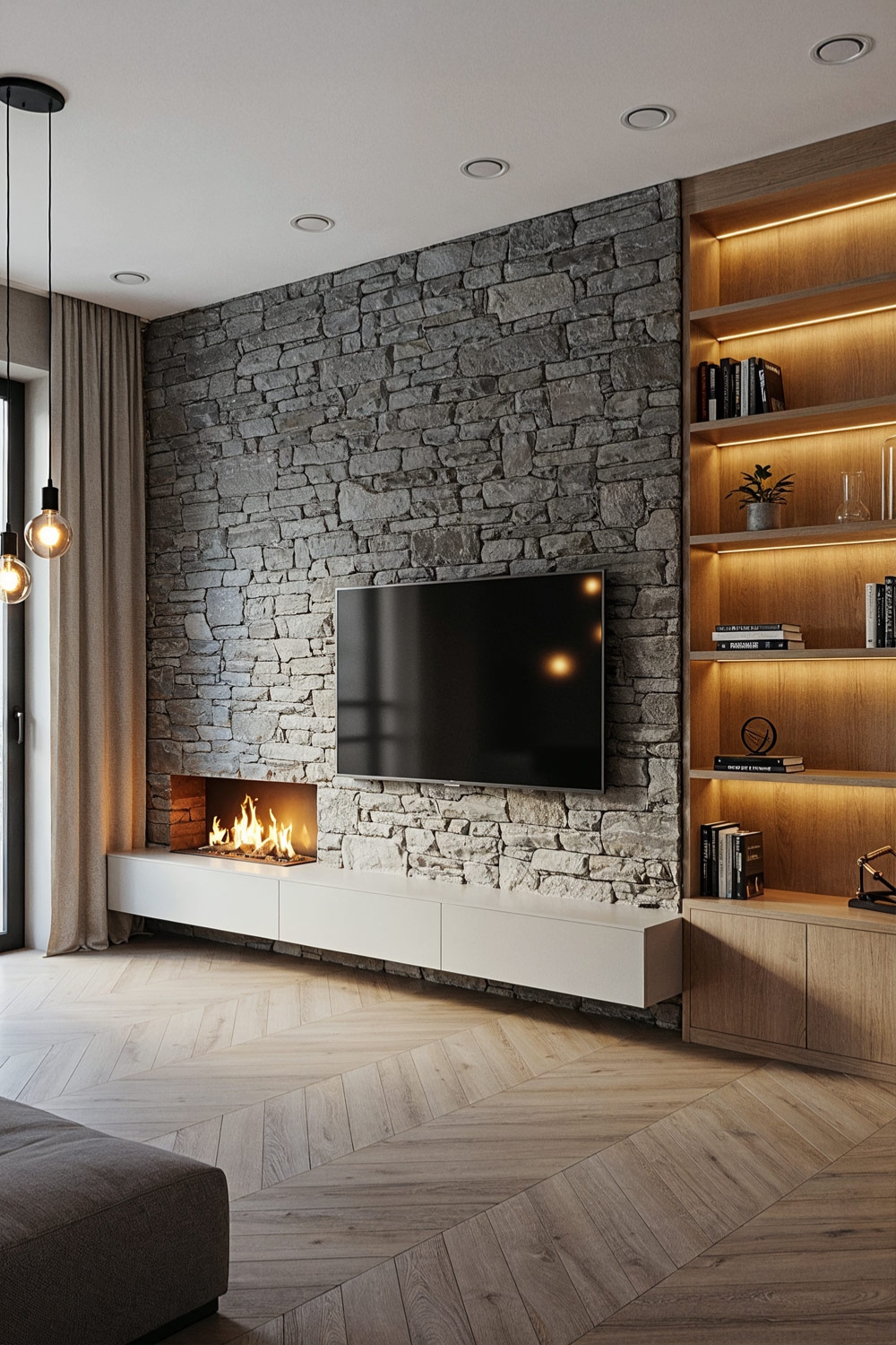 salon moderne avec éléments en bois et meuble TV aspect pierre, cheminée électrique et TV inclus