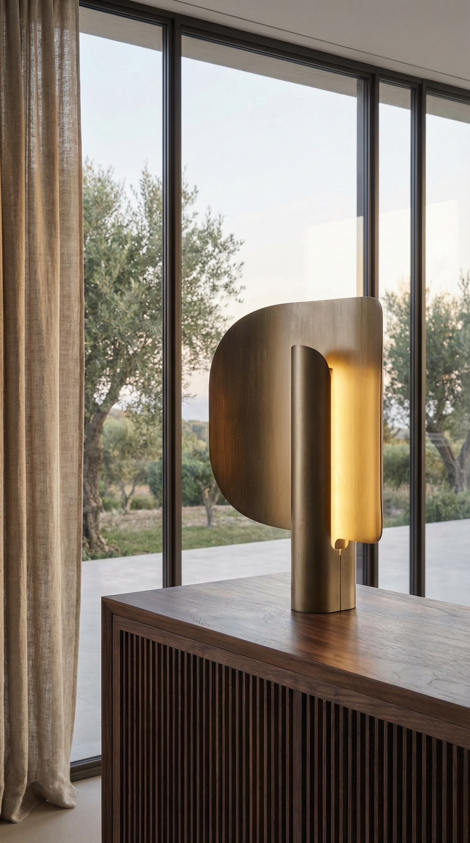 Lampe Punt Stockholm sur une &eacute;l&eacute;gante commode en bois dans une pi&egrave;ce baign&eacute;e de lumi&egrave;re.