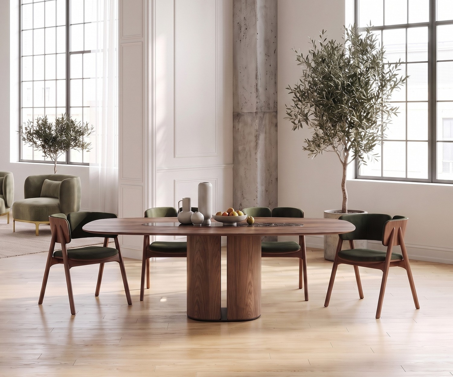 Table à manger design ovale al2 el-it c 001 Table à manger al2 el-it c 001 en bois pour salle à manger moderne, dans un loft lumineux avec chaises vertes.
