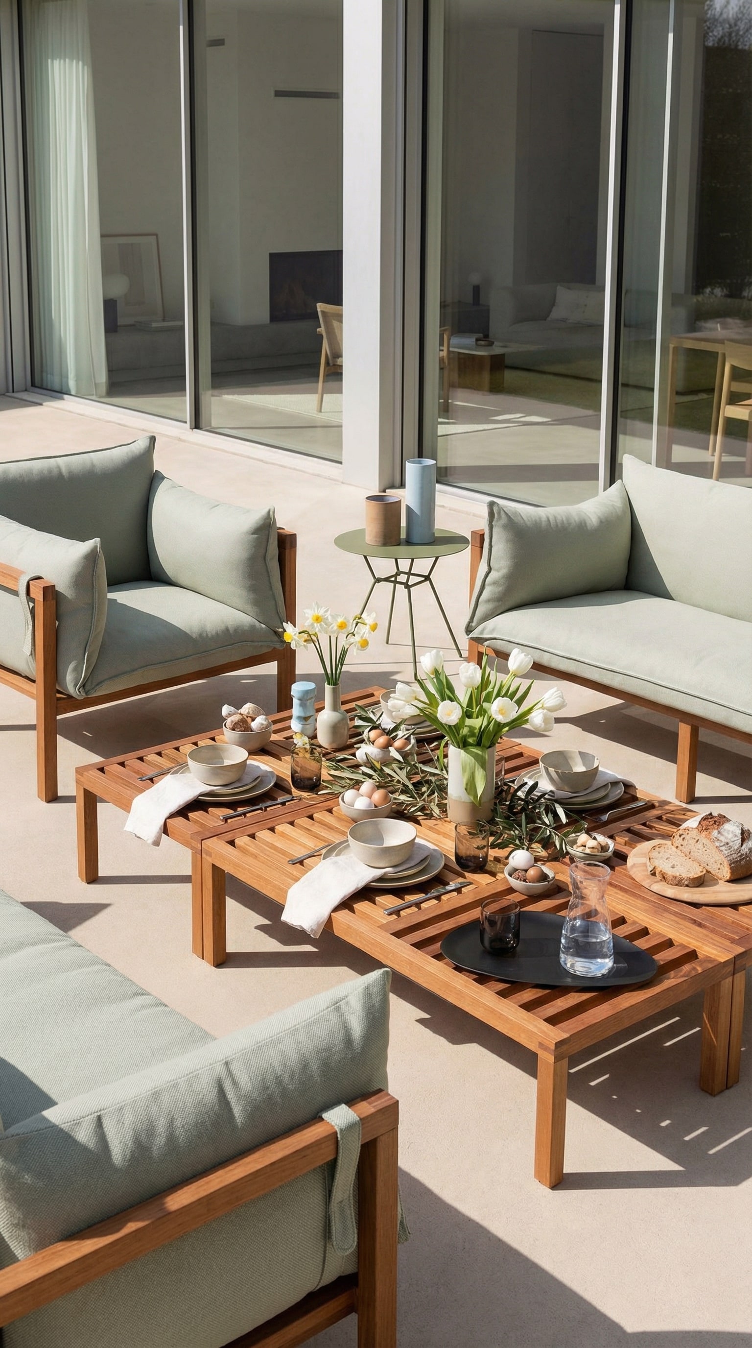 Table d'appoint d'extérieur basse et massive en bois à côté de coussins de salon confortables Table d'appoint d'extérieur basse et massive en bois à côté de coussins de salon confortables