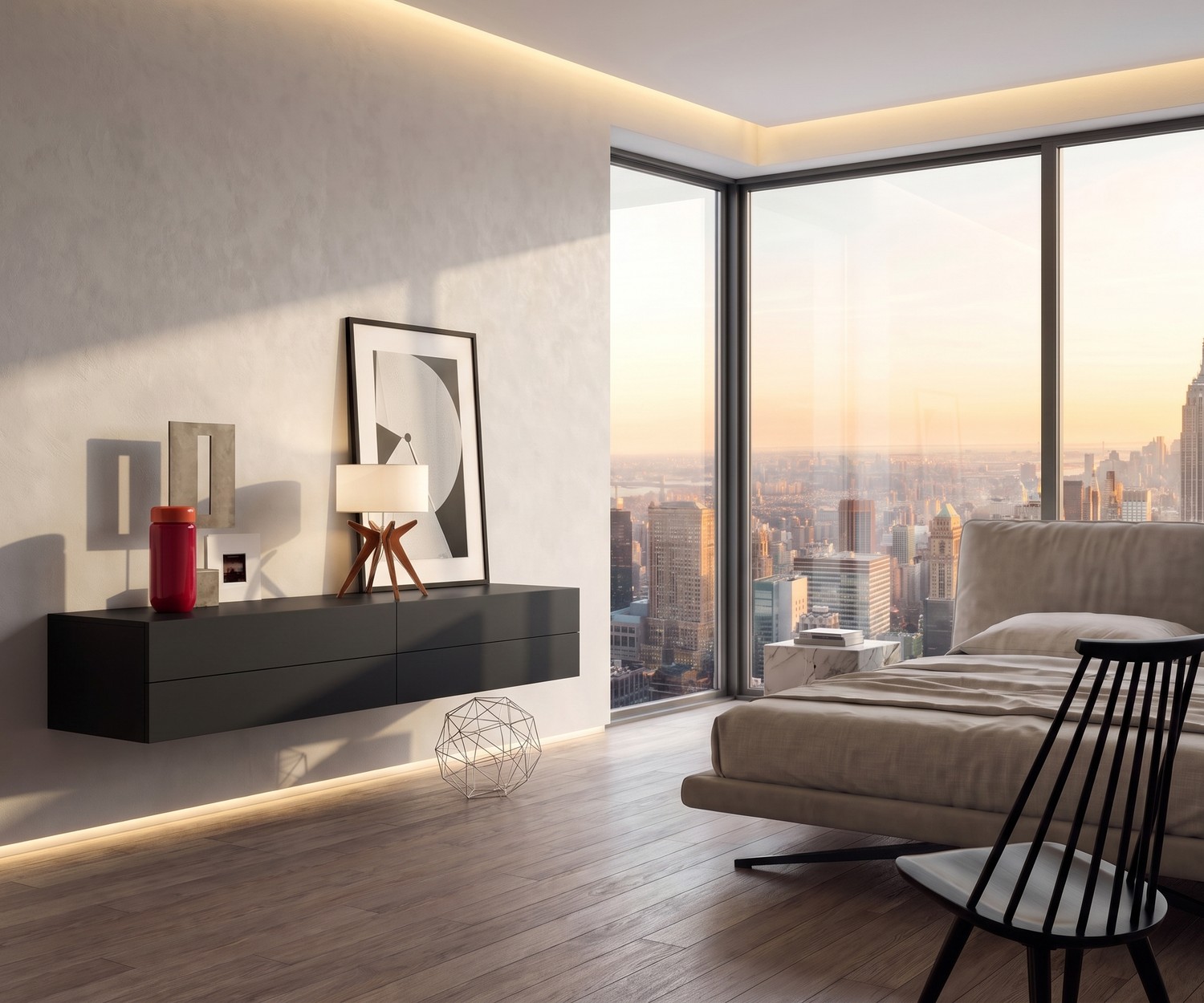 Commode suspendue noire Novamobili Easy à 4 tiroirs Commode suspendue dans la chambre : Novamobili Easy avec 4 tiroirs noirs sur un mur blanc, vue sur la ville.