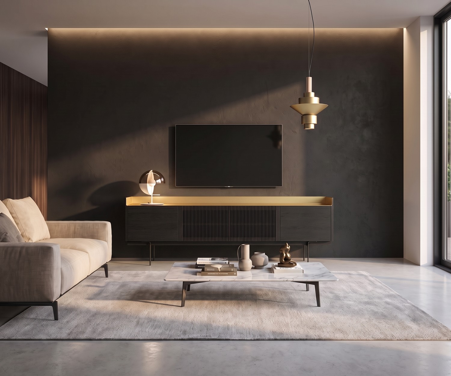 Meuble TV lowboard Punt Stockholm en bois sombre et laiton dans un salon contemporain design.