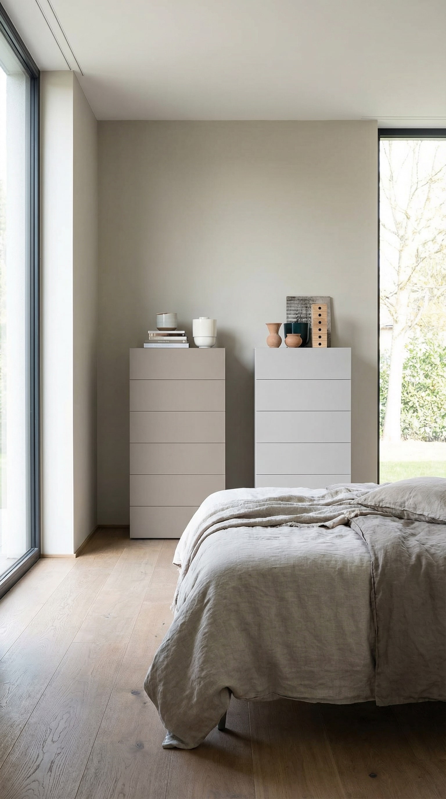Deux commodes hautes &eacute;l&eacute;gantes et &eacute;troites dans une chambre moderne, rappelant visuellement une skyline gracieuse et donnant &agrave; la pi&egrave;ce une impression d'espace.
