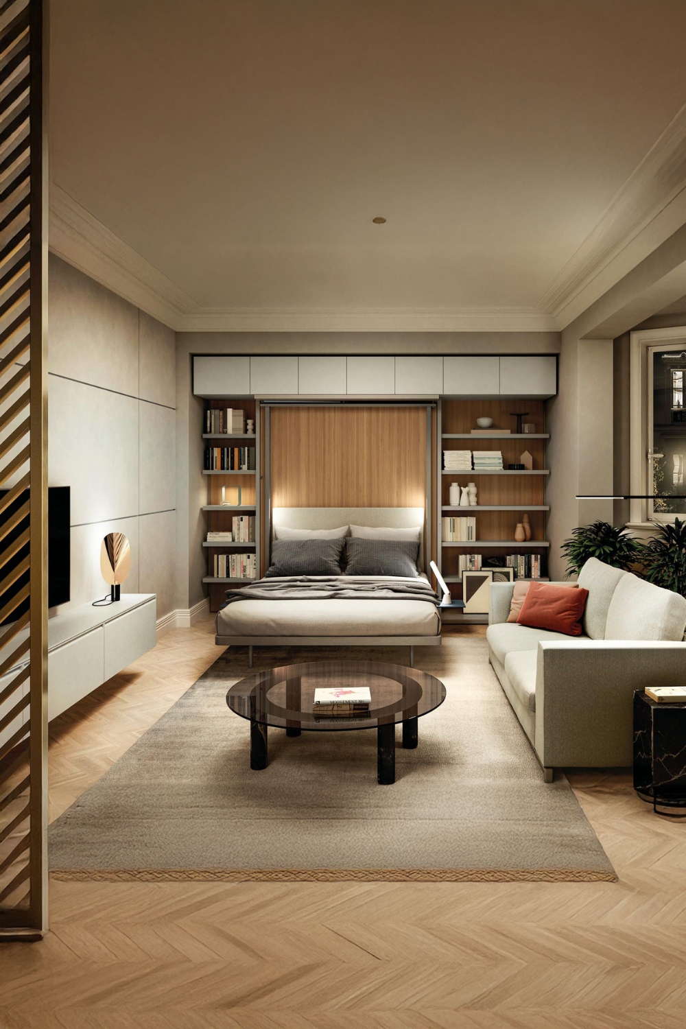 chambre au design moderne avec lit escamotable, commode murale TV, canap&eacute; et table basse
