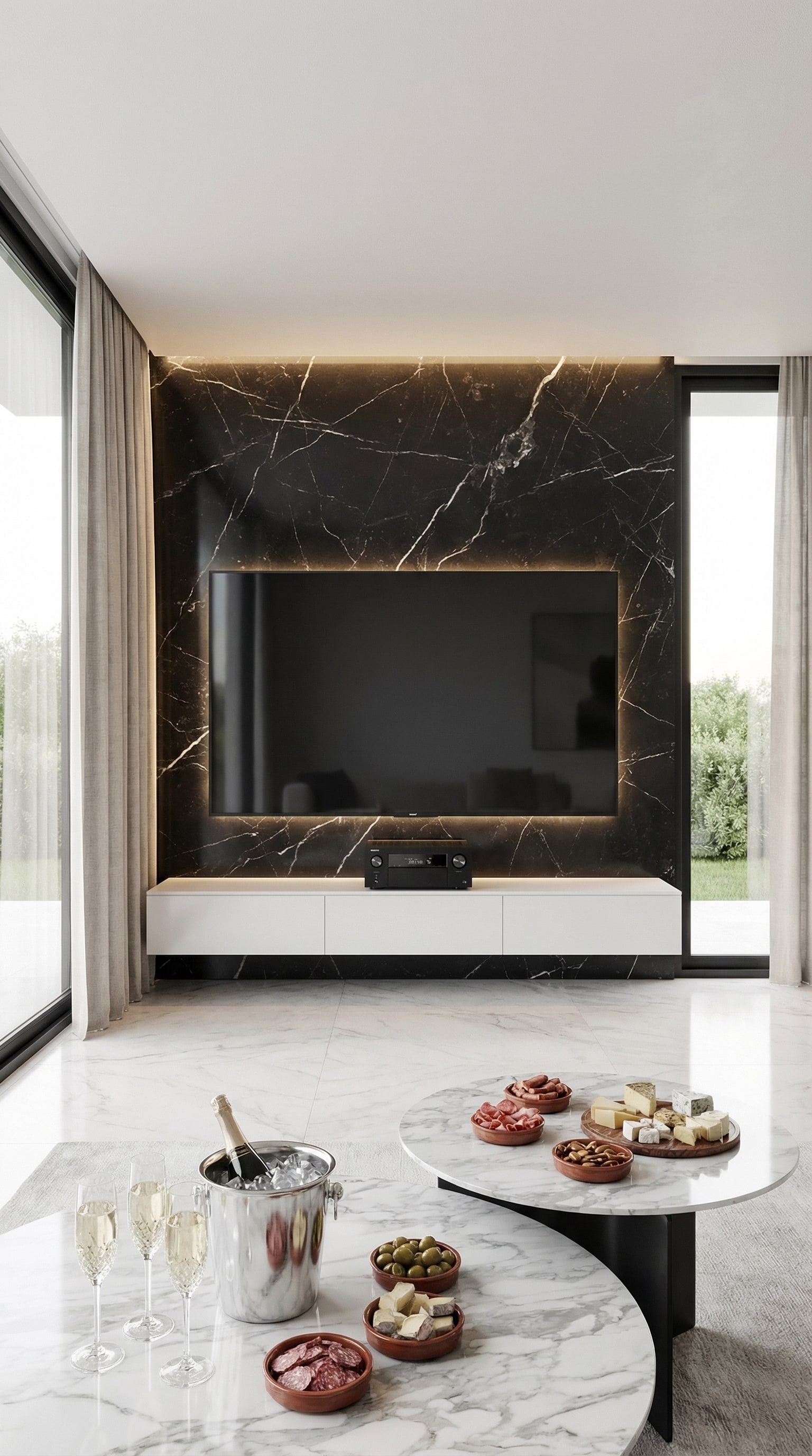 Tr&egrave;s large meuble bas flottant blanc mat sur un grand mur dans un salon baign&eacute; de lumi&egrave;re.