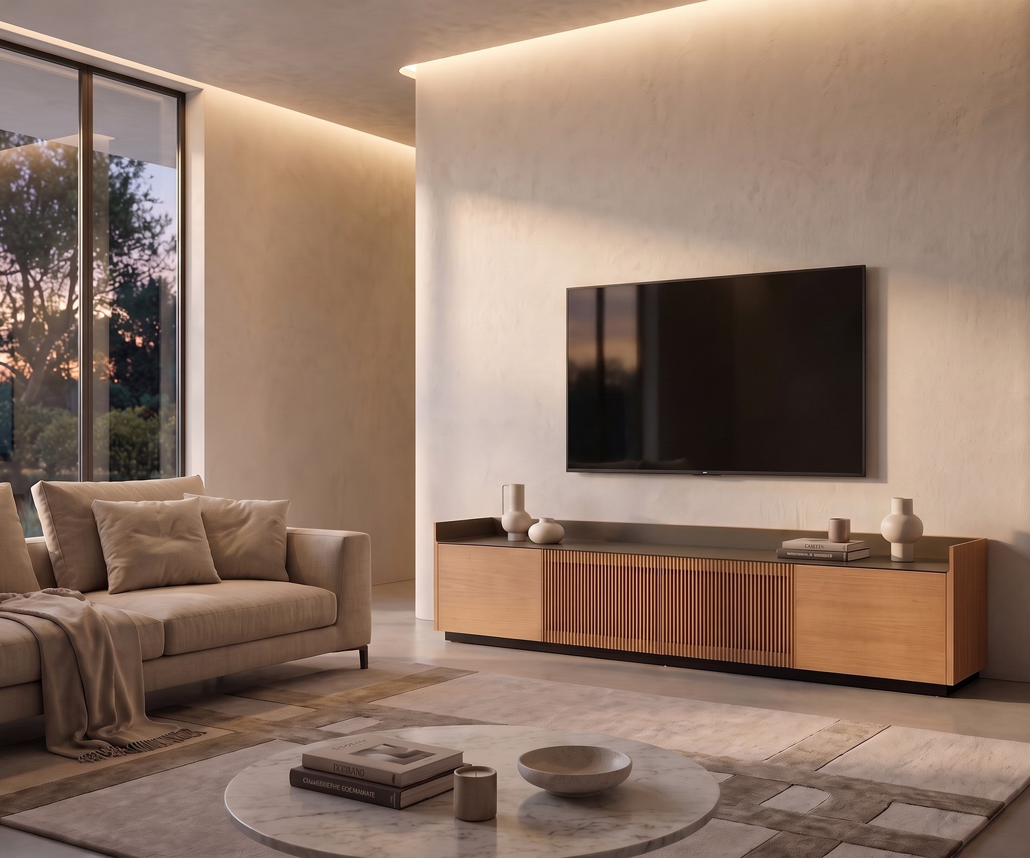 Meuble TV Lowboard Punt Stockholm Design Meuble TV lowboard Punt Stockholm en bois dans un salon moderne. Meuble TV design avec plateau aluminium et lattes.
