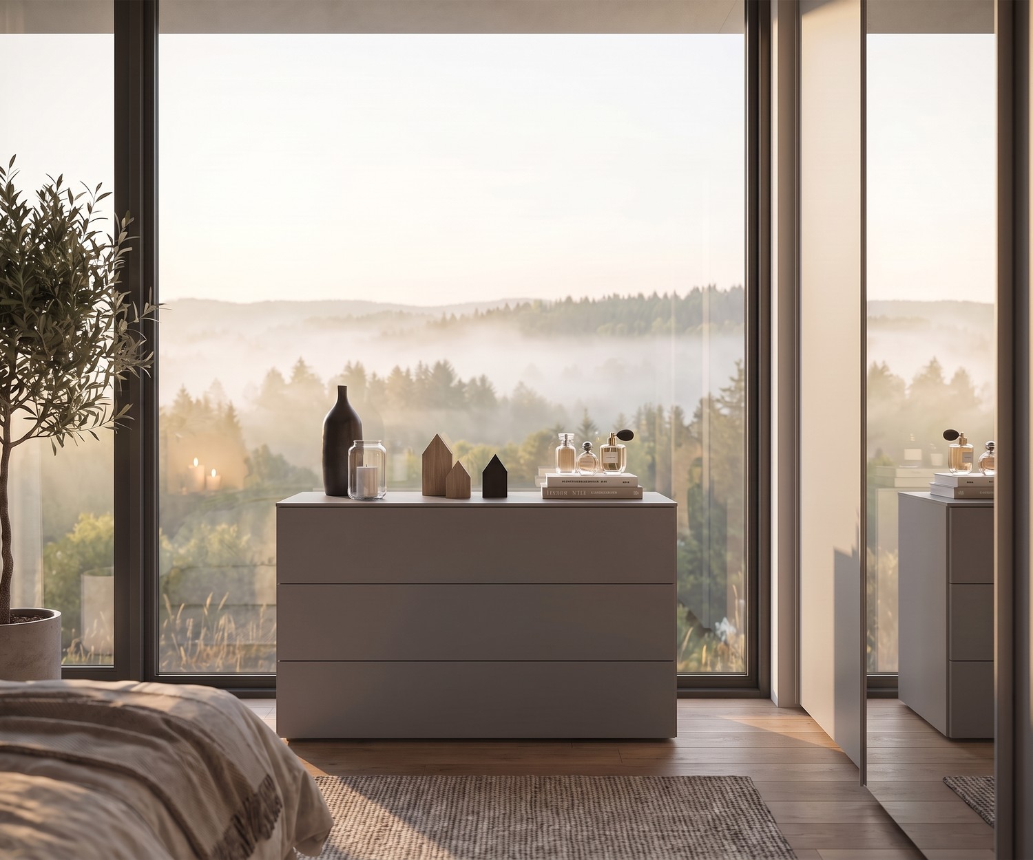 Commode design moderne Livitalia Atena pour chambre Commode Livitalia Atena pour le rangement de la chambre, placée devant une baie vitrée au style moderne et épuré.