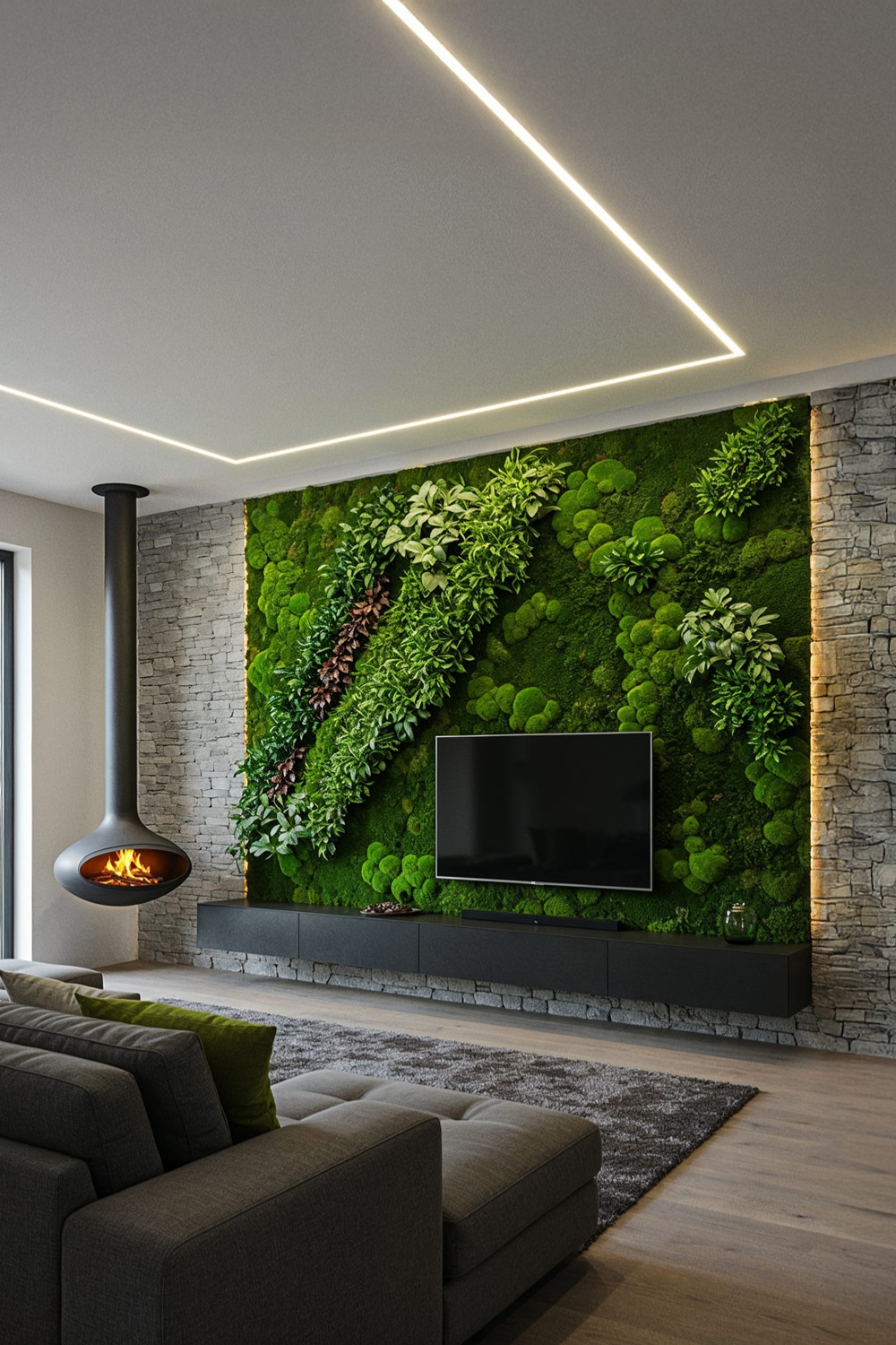 salon cheminée tendance dans des tons de gris avec décoration végétale verte sur le meuble TV