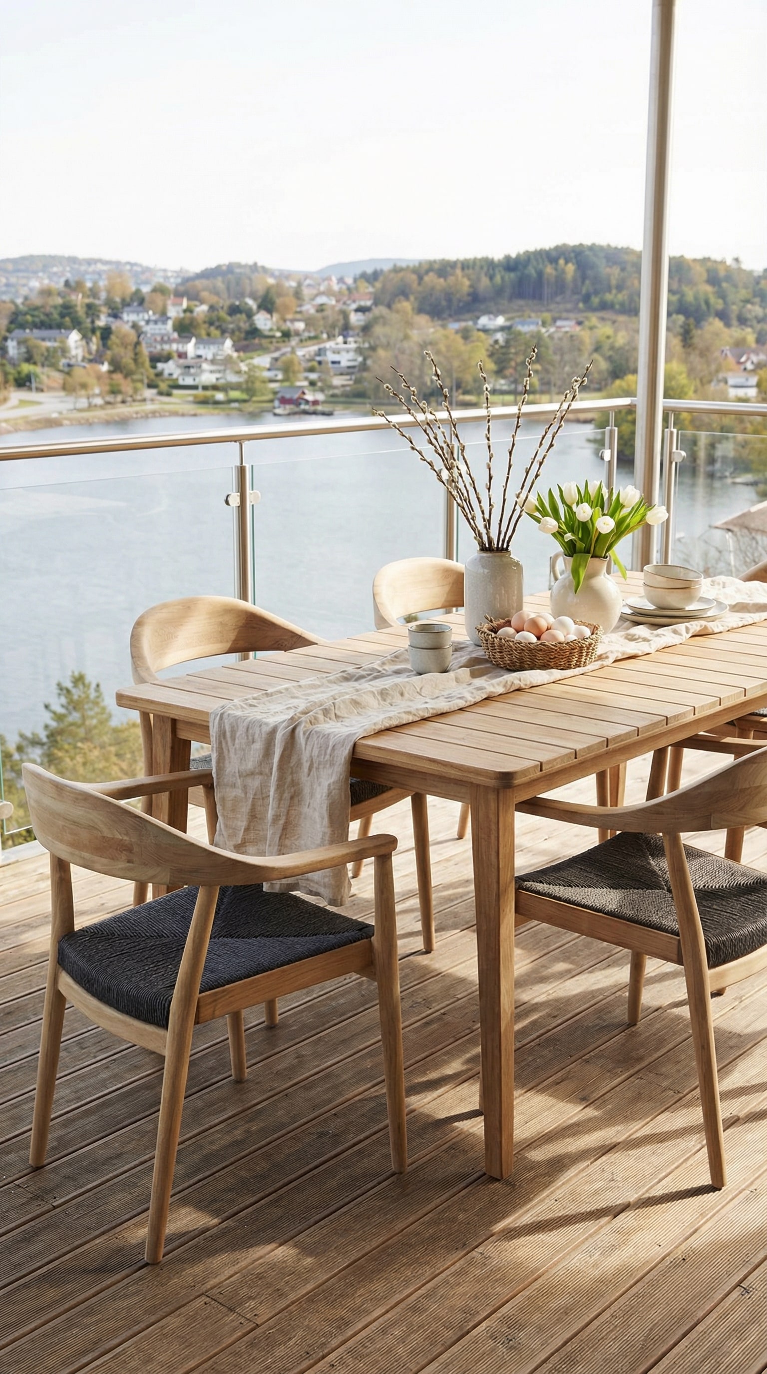 Table de jardin scandinave en bois massif sur une terrasse