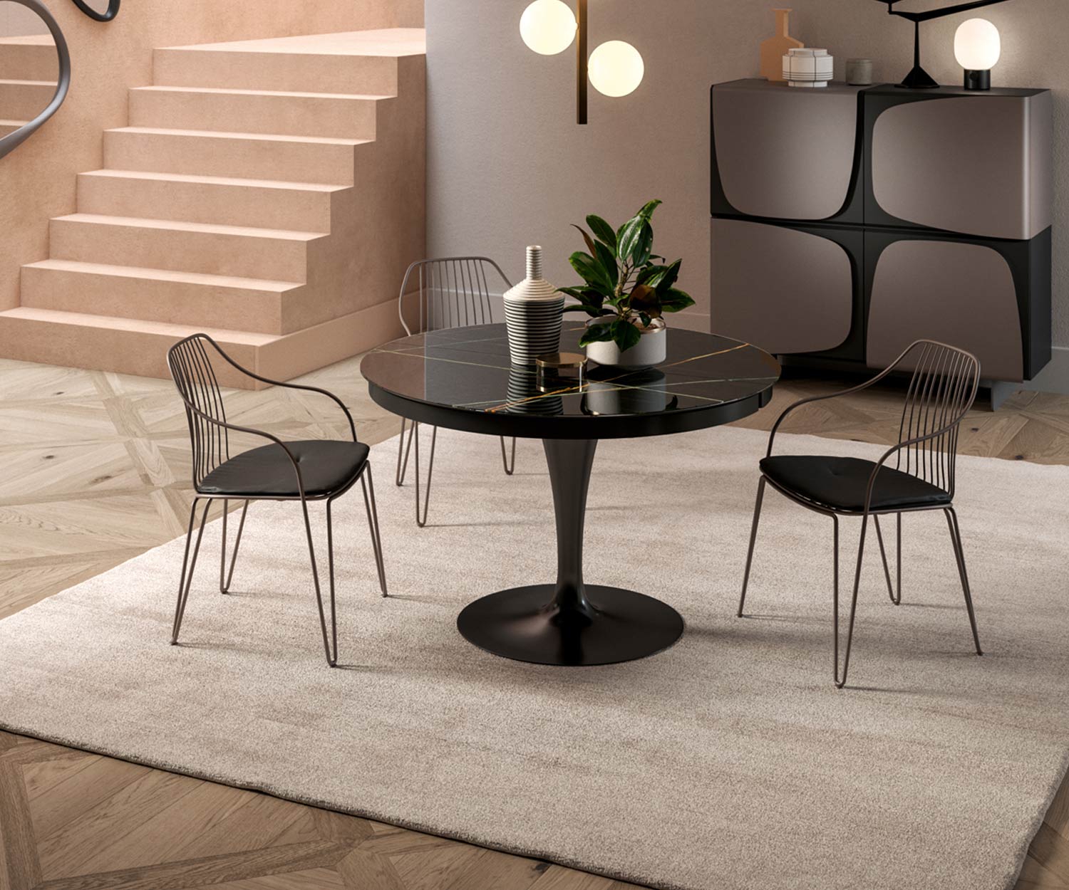 Ozzio Table Eclipse ronde Marbre Verre Sahara Noir Pied Noir Ozzio Table Eclipse ronde Marbre Verre Sahara Noir Pied Noir