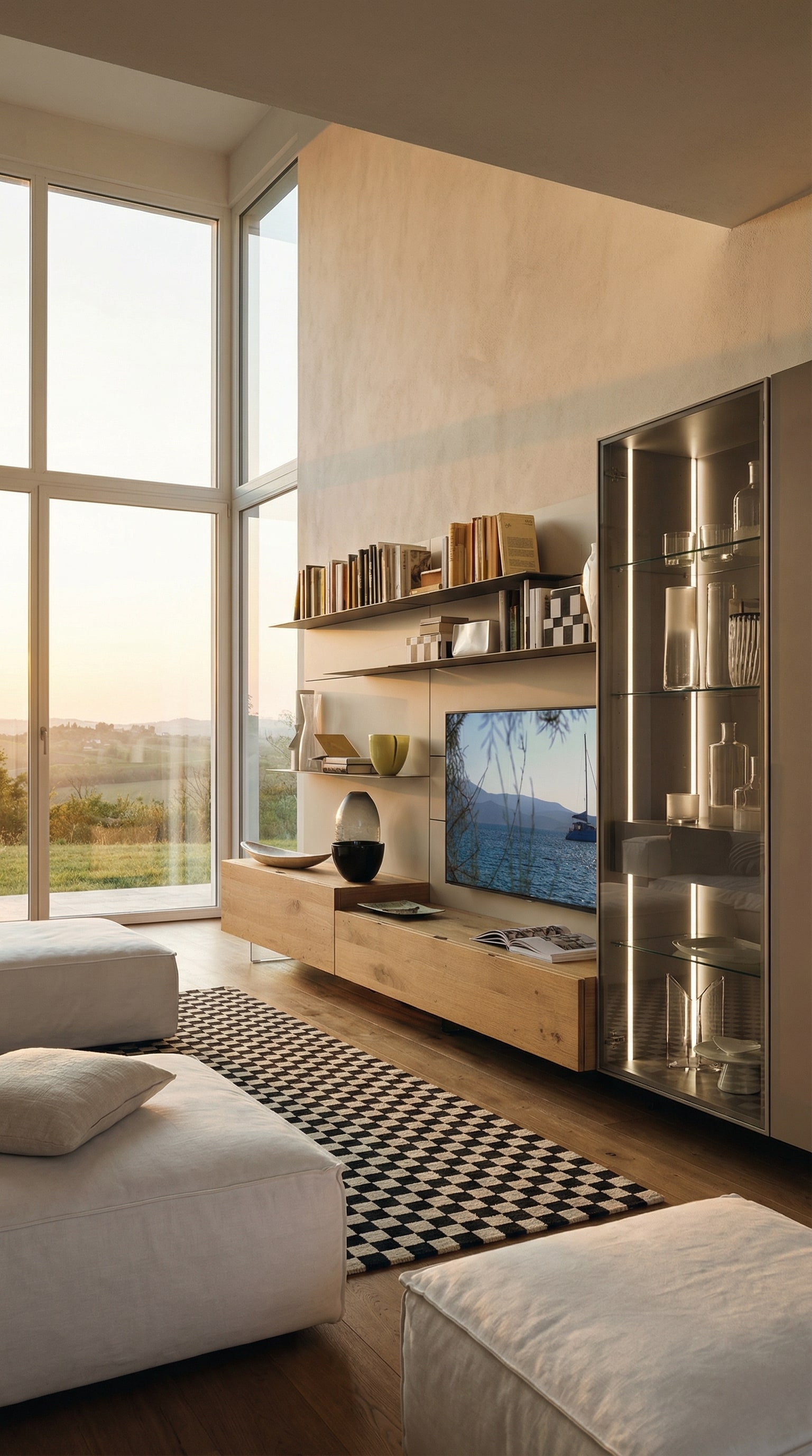 Vitrine en verre fumé éclairée intégrée dans un meuble TV moderne Vitrine en verre fumé éclairée intégrée dans un meuble TV moderne