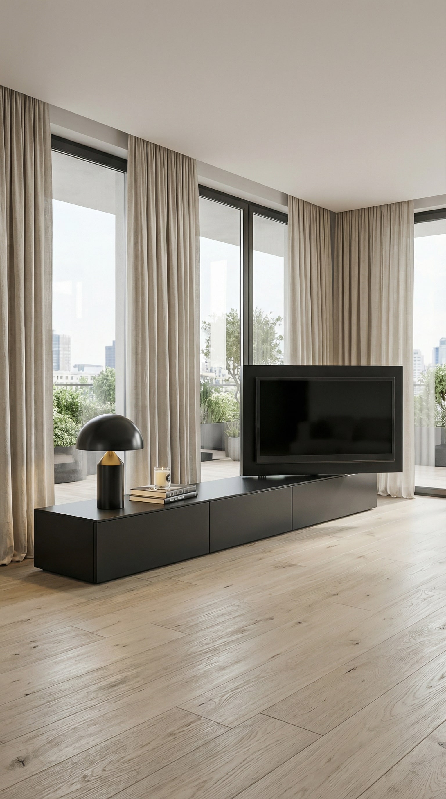 Meuble TV bas Livitalia Vision noir avec panneau TV pivotant dans un loft moderne
