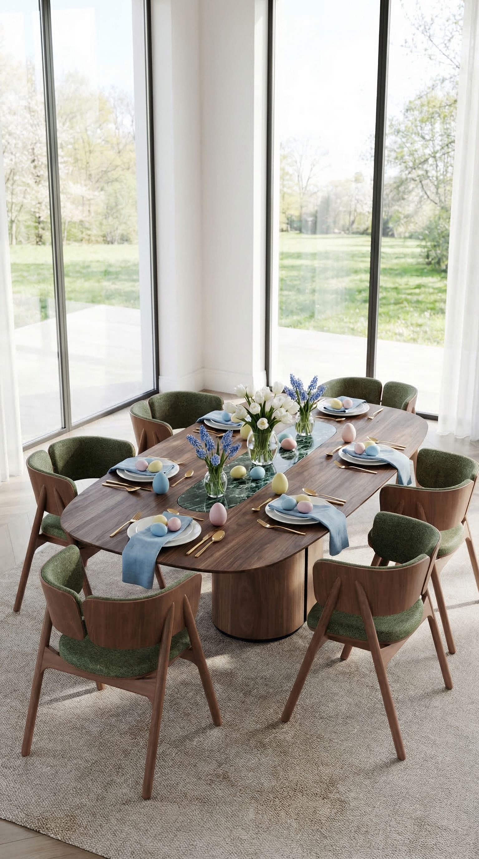 Une table &agrave; manger &eacute;l&eacute;gamment dress&eacute;e en noyer fonc&eacute; avec une d&eacute;coration de P&acirc;ques aux couleurs pastel douces, de la porcelaine claire et des fleurs printani&egrave;res fra&icirc;ches.